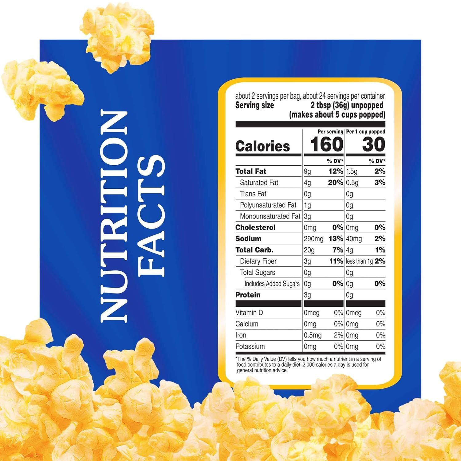 Communicates the nutritional information of the popcorn product, including calorie count, fat content, and other key dietary facts to help shoppers make informed purchasing decisions.