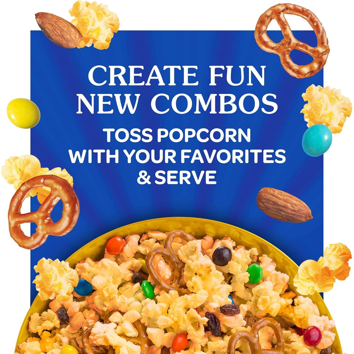 Demonstrates the product's versatility by showing how popcorn can be mixed with various snacks like pretzels, candies, and nuts to create fun custom combinations for entertaining. Highlights the…