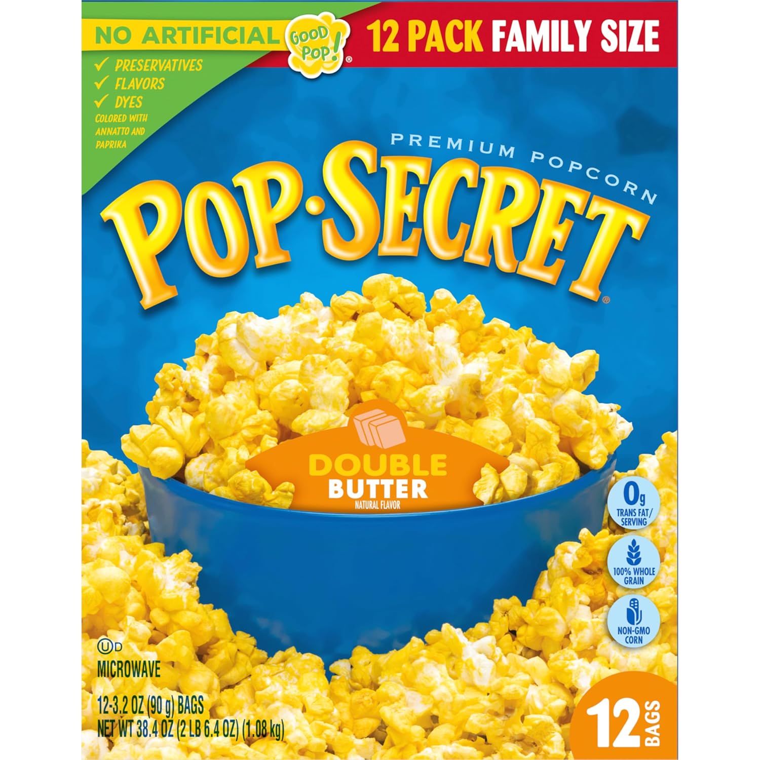 This is a clean product packaging shot showing the Pop Secret popcorn box without any additional text overlays, callouts, or design elements beyond what's on the package itself.