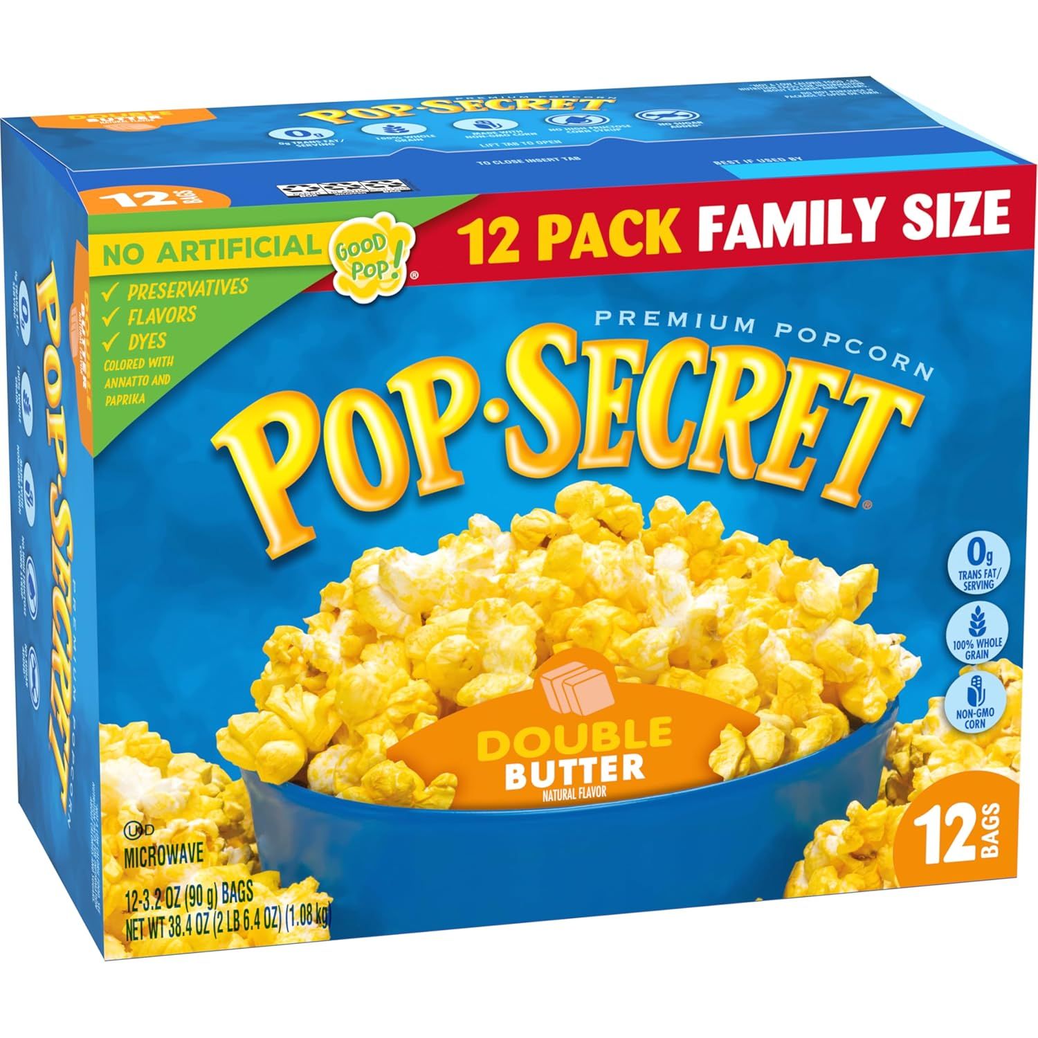 Provides a clean, catalog-style view of the Pop Secret popcorn family-size box to show shoppers exactly what they will receive.