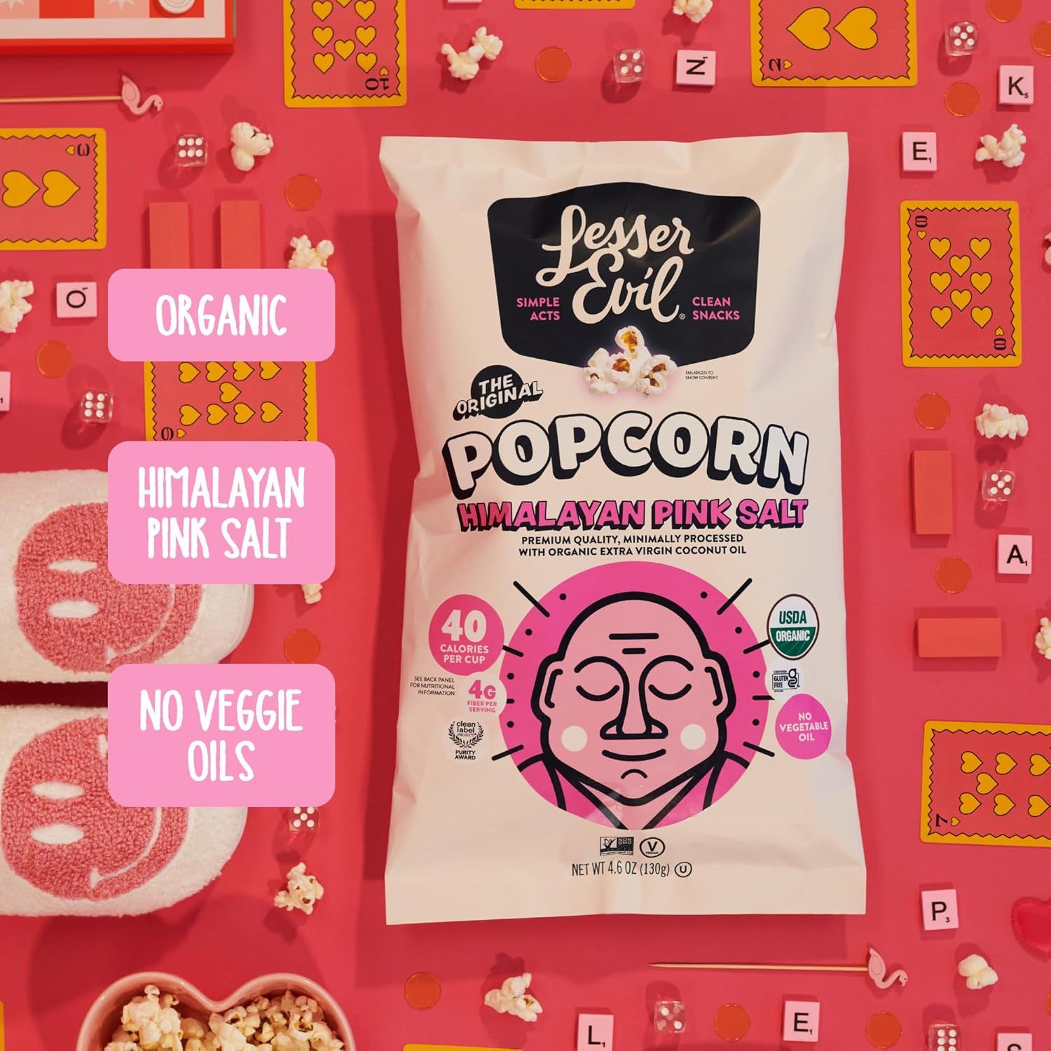 Communicates multiple key product benefits in a visually segmented layout to reassure health-conscious shoppers that this popcorn is made with clean, premium ingredients.