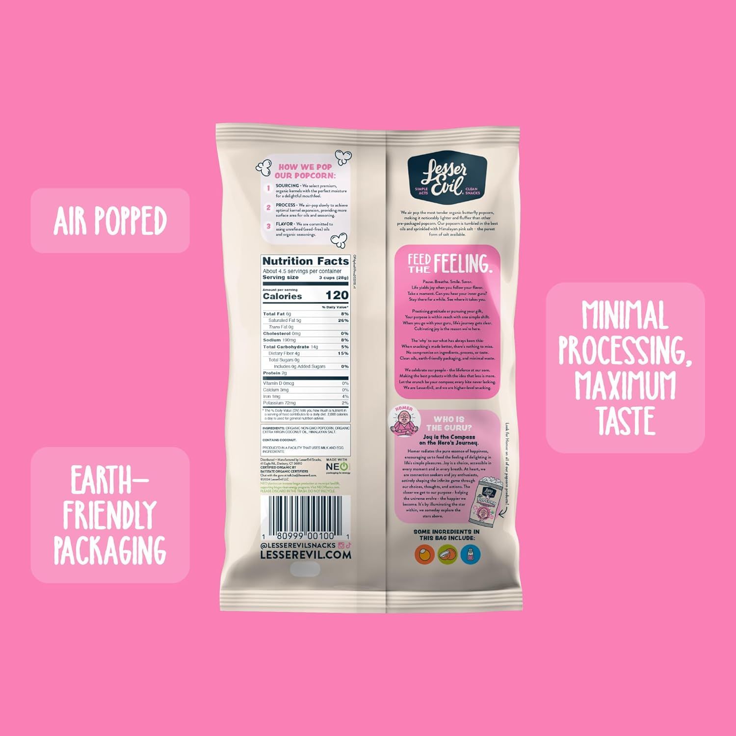 Communicates multiple distinct product benefits in a segmented layout, highlighting the air-popped preparation method, minimal processing philosophy, and sustainable packaging to appeal to…