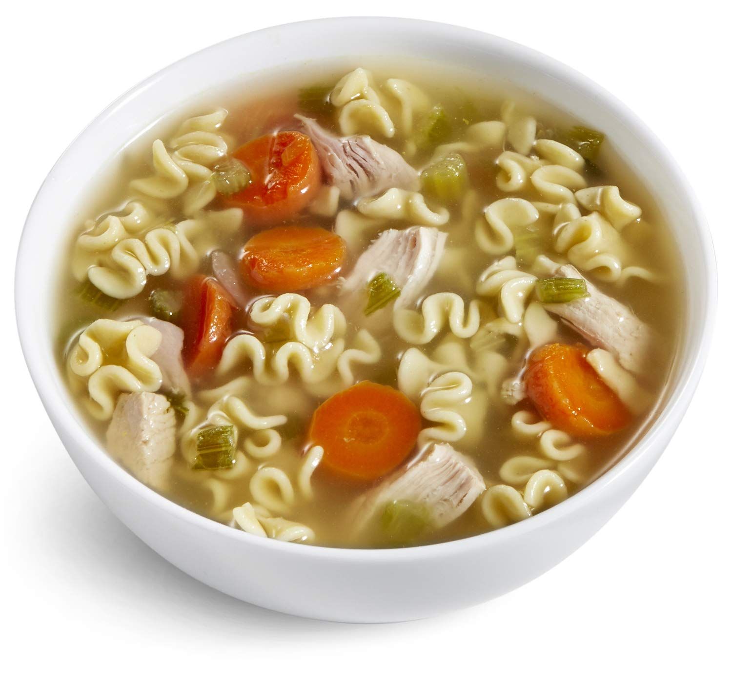 Displays the prepared chicken noodle soup product in a clean, catalog-style format to show shoppers exactly what the product looks like when served.