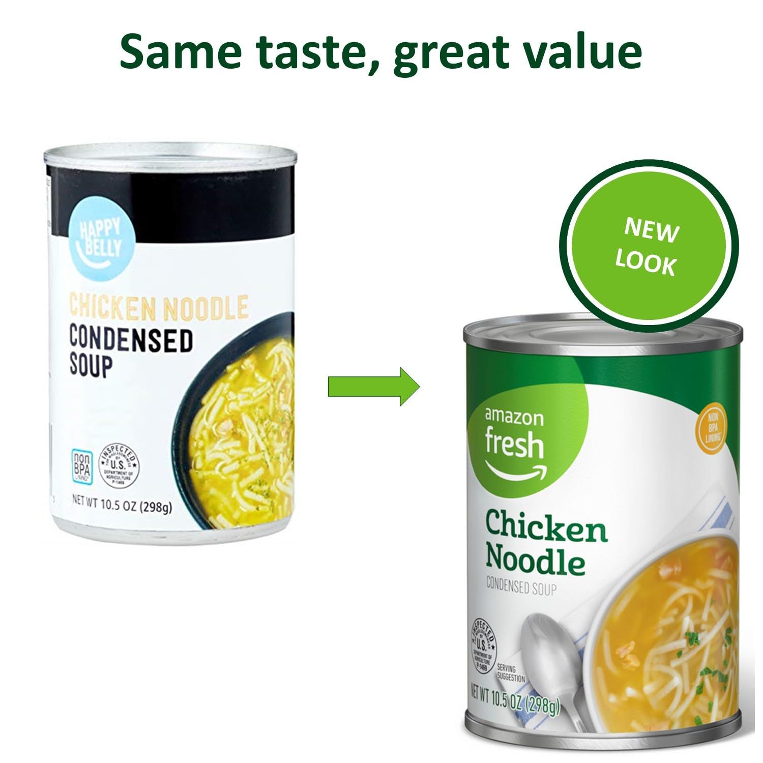 Communicates that the product has updated packaging while reassuring shoppers that the taste and value remain the same, helping them recognize the new Amazon Fresh branding.
