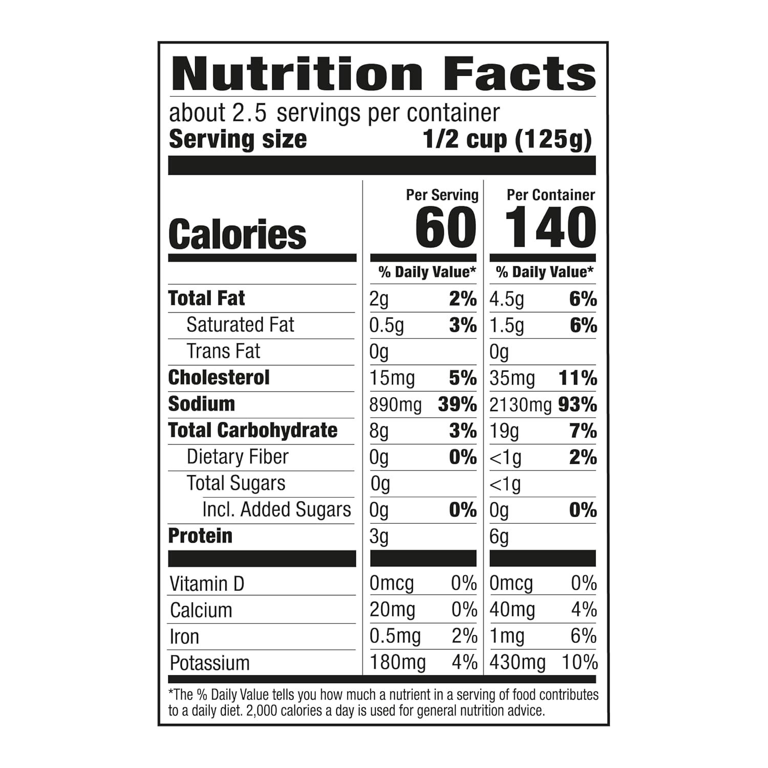 Provides detailed nutritional information to help shoppers make informed dietary decisions and understand the product's nutritional content per serving and per container.