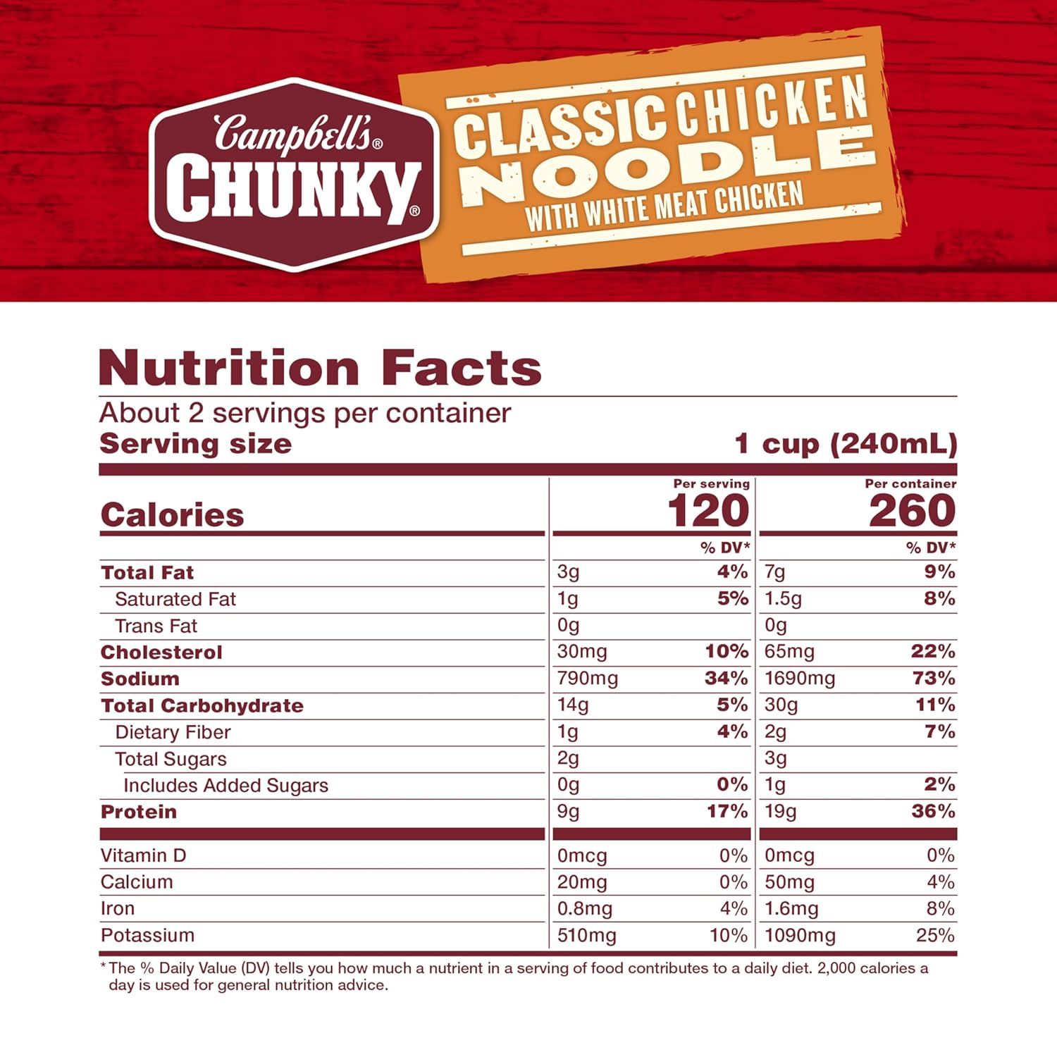Communicates the brand identity and specific product variant (Classic Chicken Noodle) through prominent logo and product name display, reinforcing brand recognition and product differentiation.