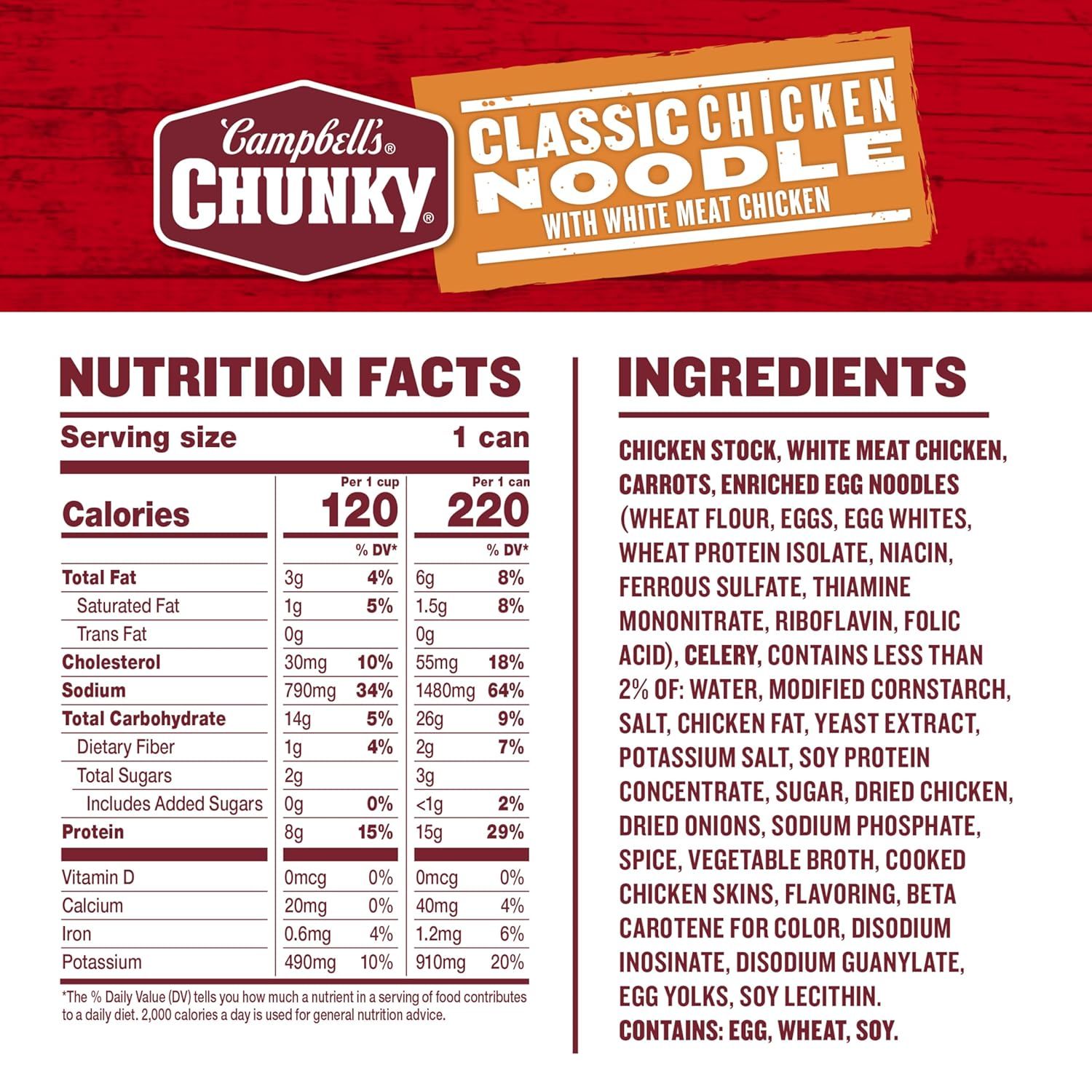 This image provides detailed nutritional information and ingredient transparency for Campbell's Chunky Classic Chicken Noodle soup, helping shoppers make informed dietary decisions and understand…