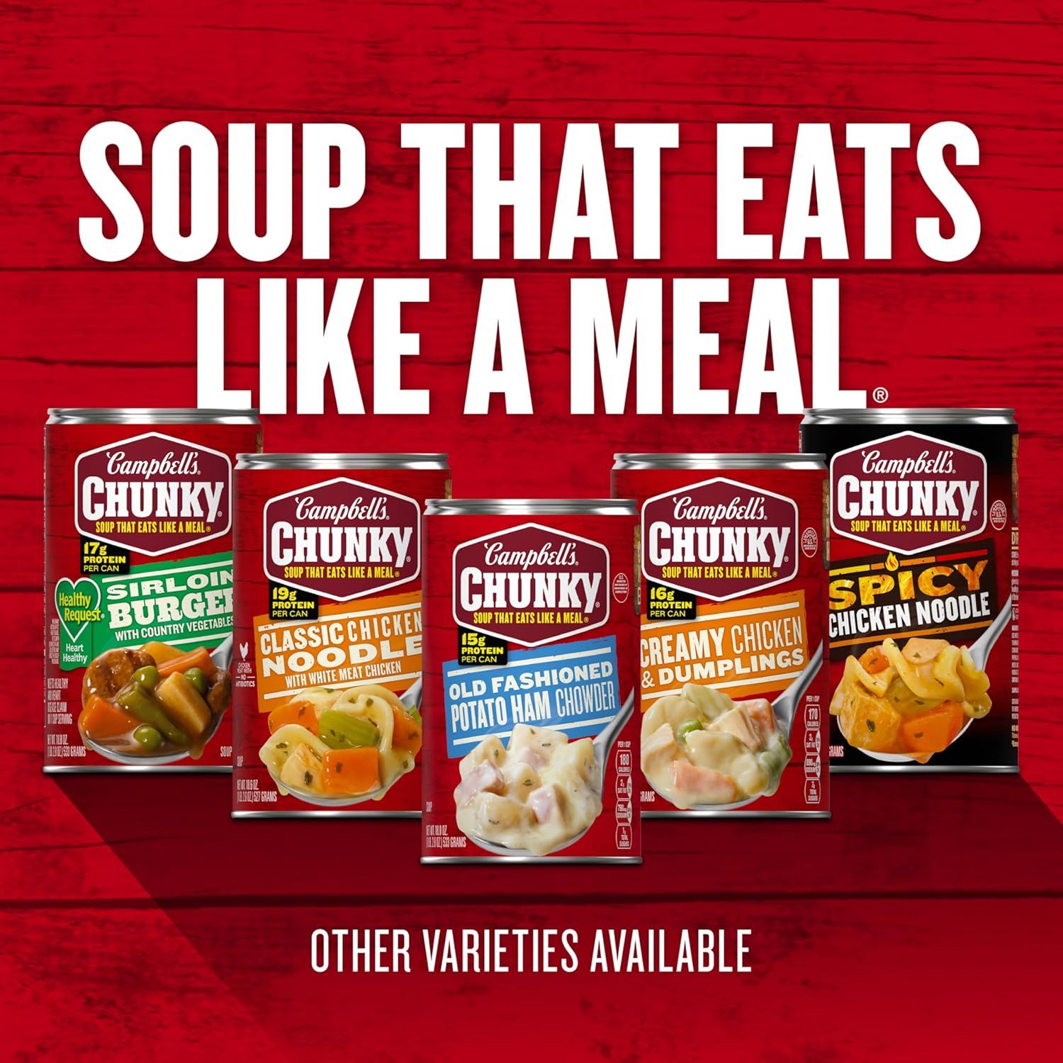 Showcases the Campbell's Chunky soup product line with multiple flavor options to help shoppers understand the variety available and reinforce the brand's positioning as hearty, meal-like soup.