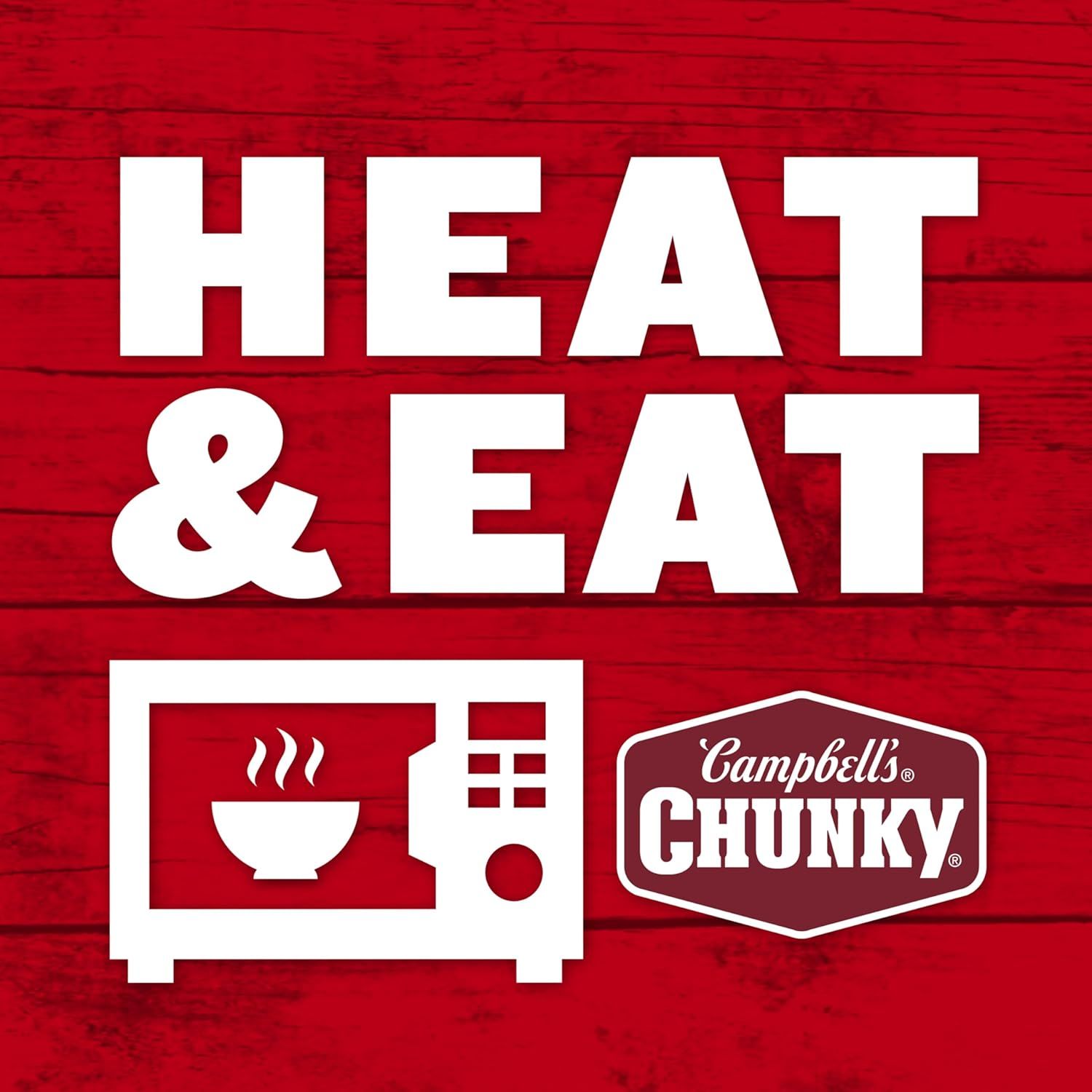 Communicates that the product can be quickly heated in the microwave and eaten, emphasizing convenience and ease of preparation for busy shoppers. Highlights the simple benefit that this Campbell's…