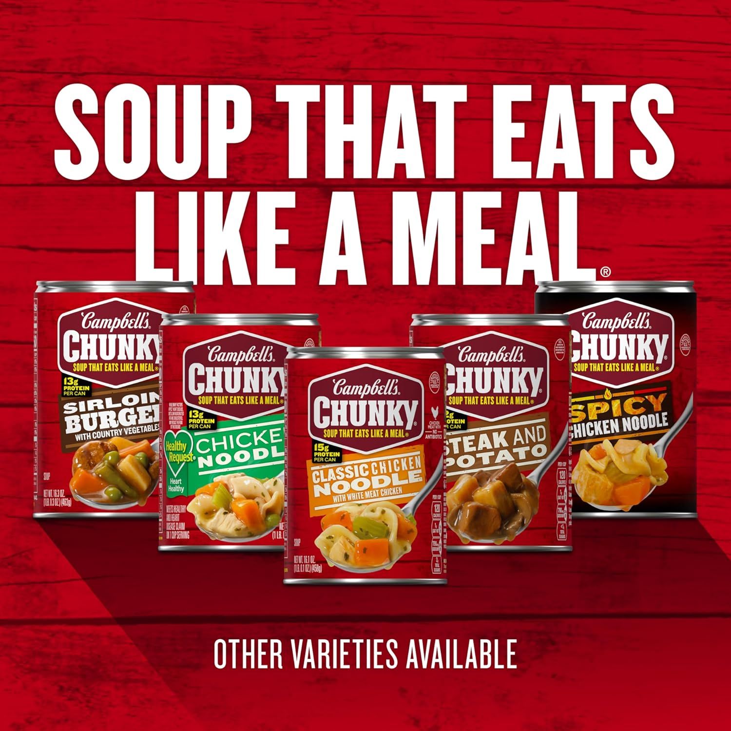 Showcases the Campbell's Chunky soup product line with multiple flavor options to help shoppers understand the variety available and reinforce the brand's positioning as hearty, meal-like soup.