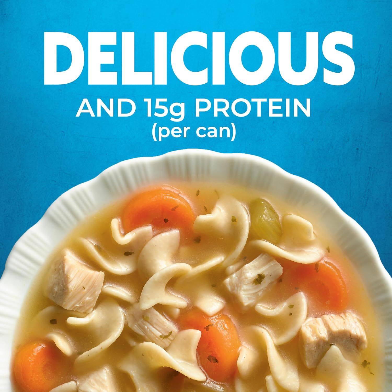 Communicates the nutritional value of the product by highlighting its protein content (15g per can) to appeal to health-conscious shoppers seeking nutritious meal options. Emphasizes that the…