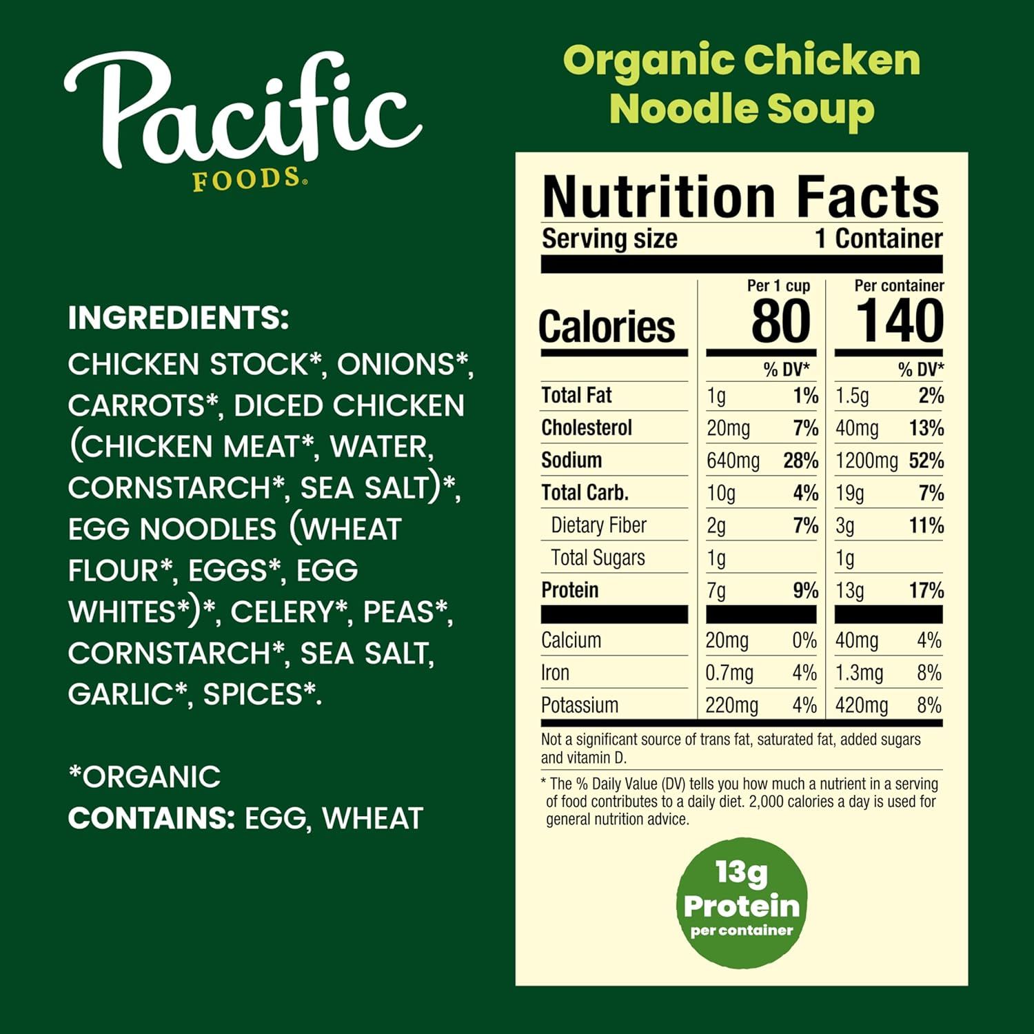 Communicates multiple selling points including organic ingredients, detailed nutritional information, and high protein content (13g per container) to appeal to health-conscious shoppers.