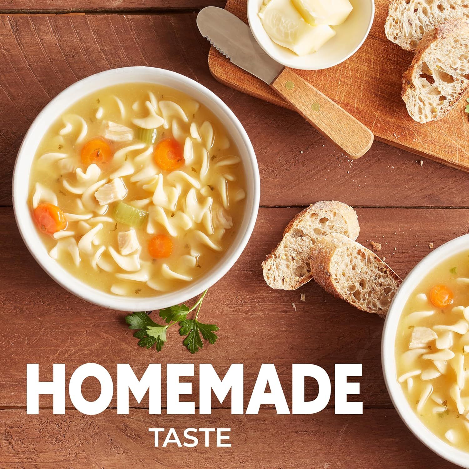 Communicates the homemade, authentic quality of the product to appeal to shoppers seeking comfort food with a fresh, home-cooked taste.