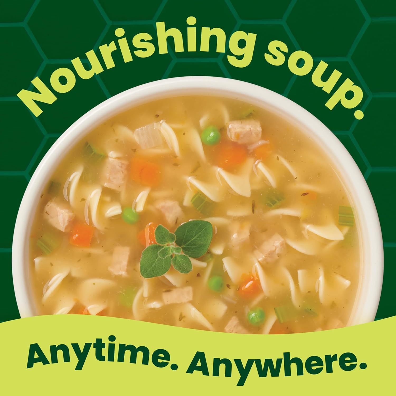 Communicates that this nourishing soup product is convenient and can be enjoyed anytime, anywhere, appealing to shoppers looking for quick, portable meal solutions.