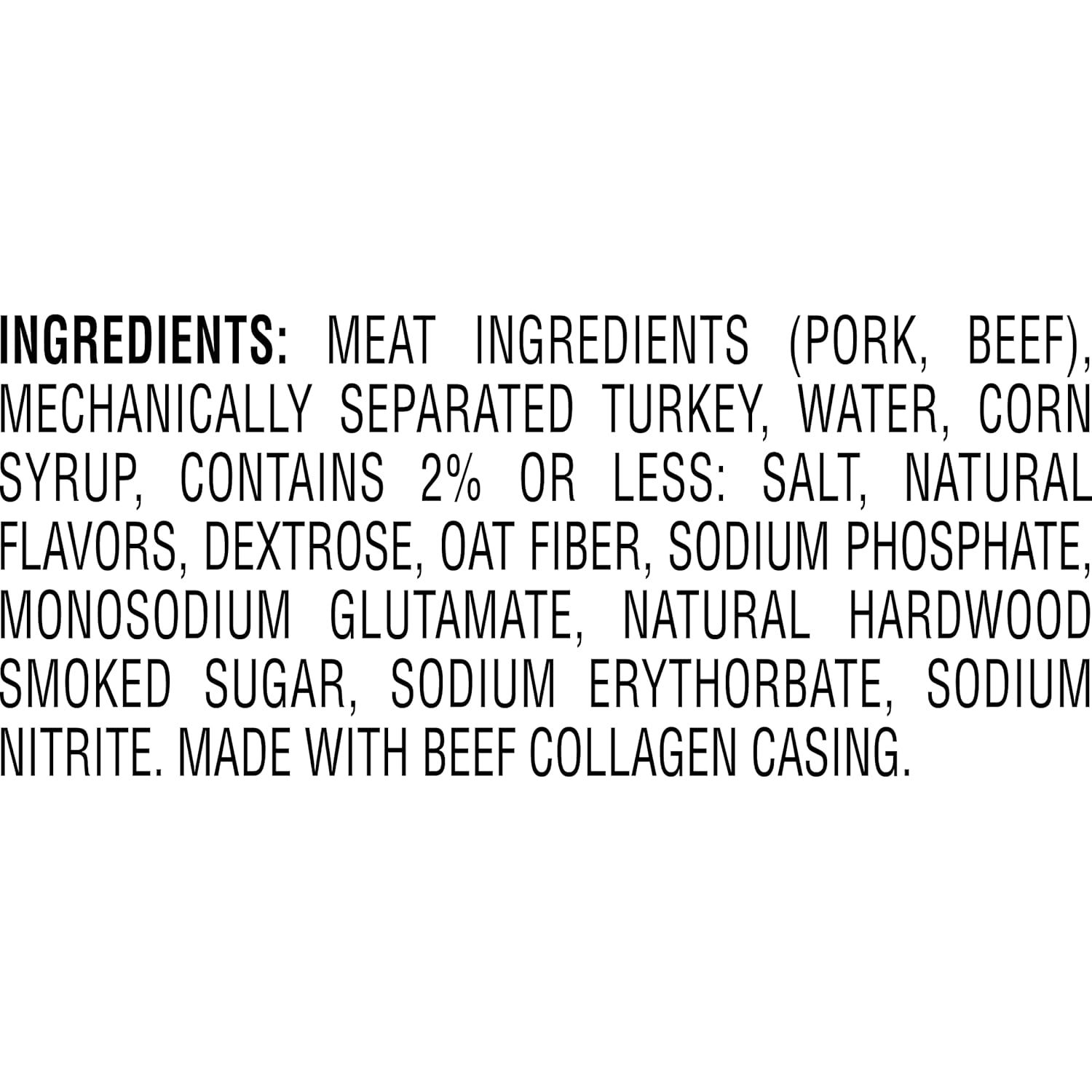 Communicates full ingredient transparency and highlights natural ingredients and beef collagen casing to reassure shoppers about product quality and what they are consuming.