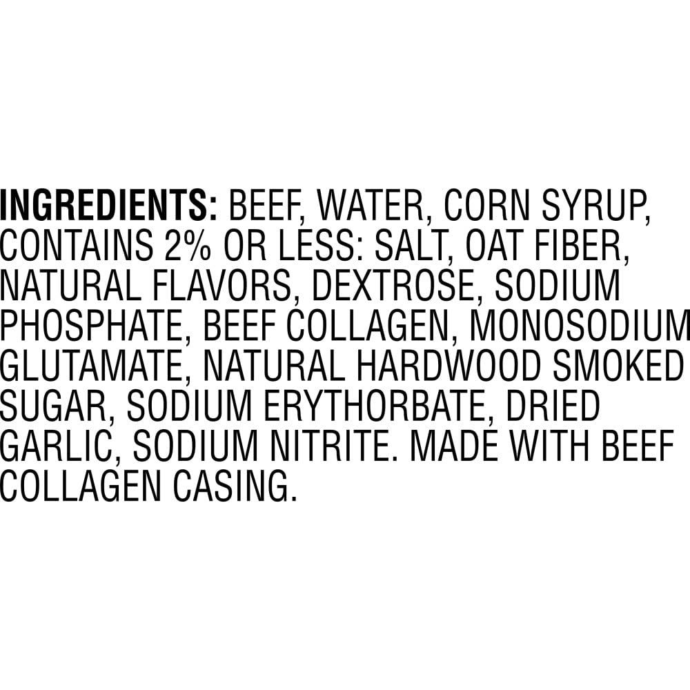 Provides transparency by displaying the complete ingredient list and highlighting the use of beef collagen casing, reassuring shoppers about product composition.