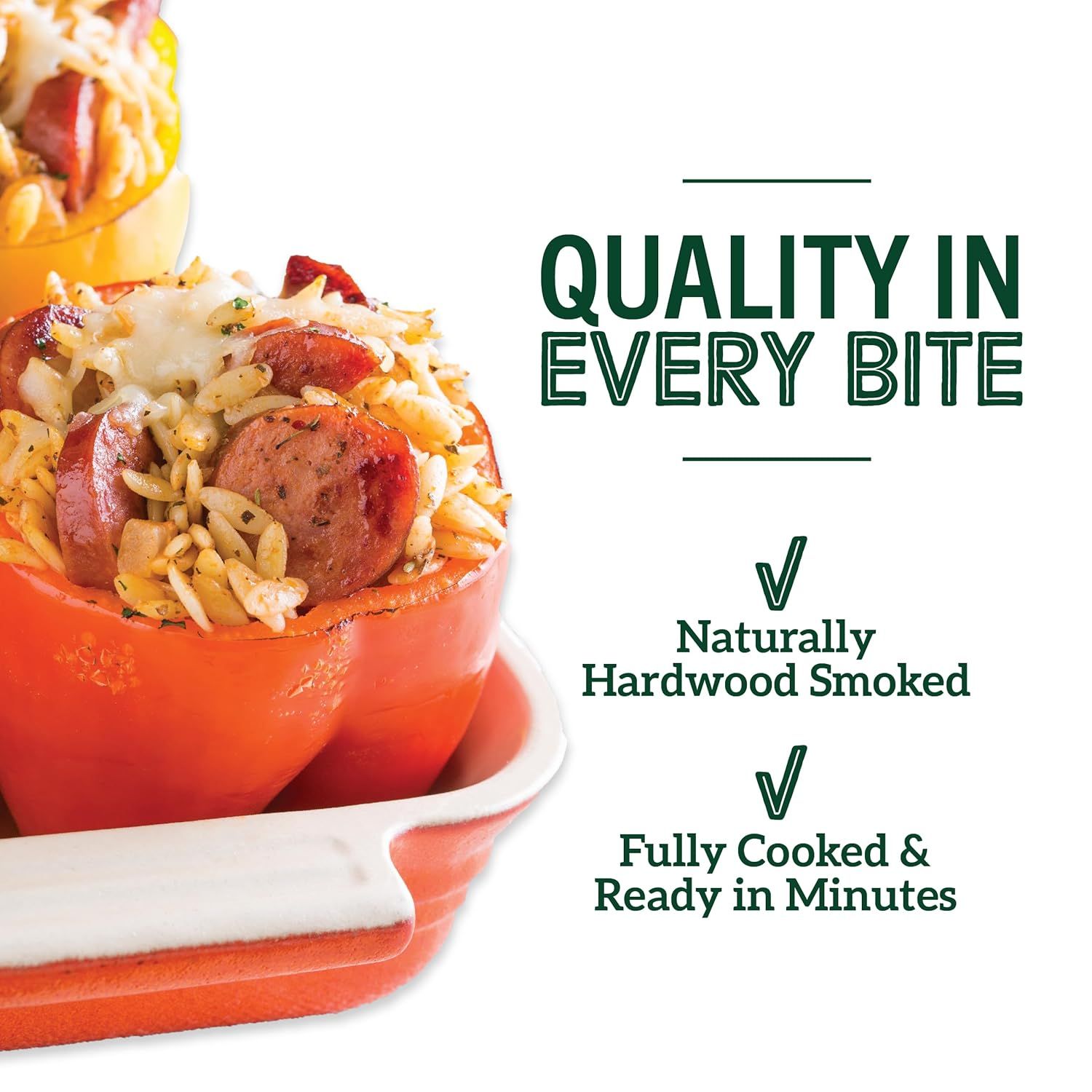 Communicates multiple product benefits including natural smoking method, convenience, and overall quality to reassure shoppers about the product's premium attributes and ease of preparation.