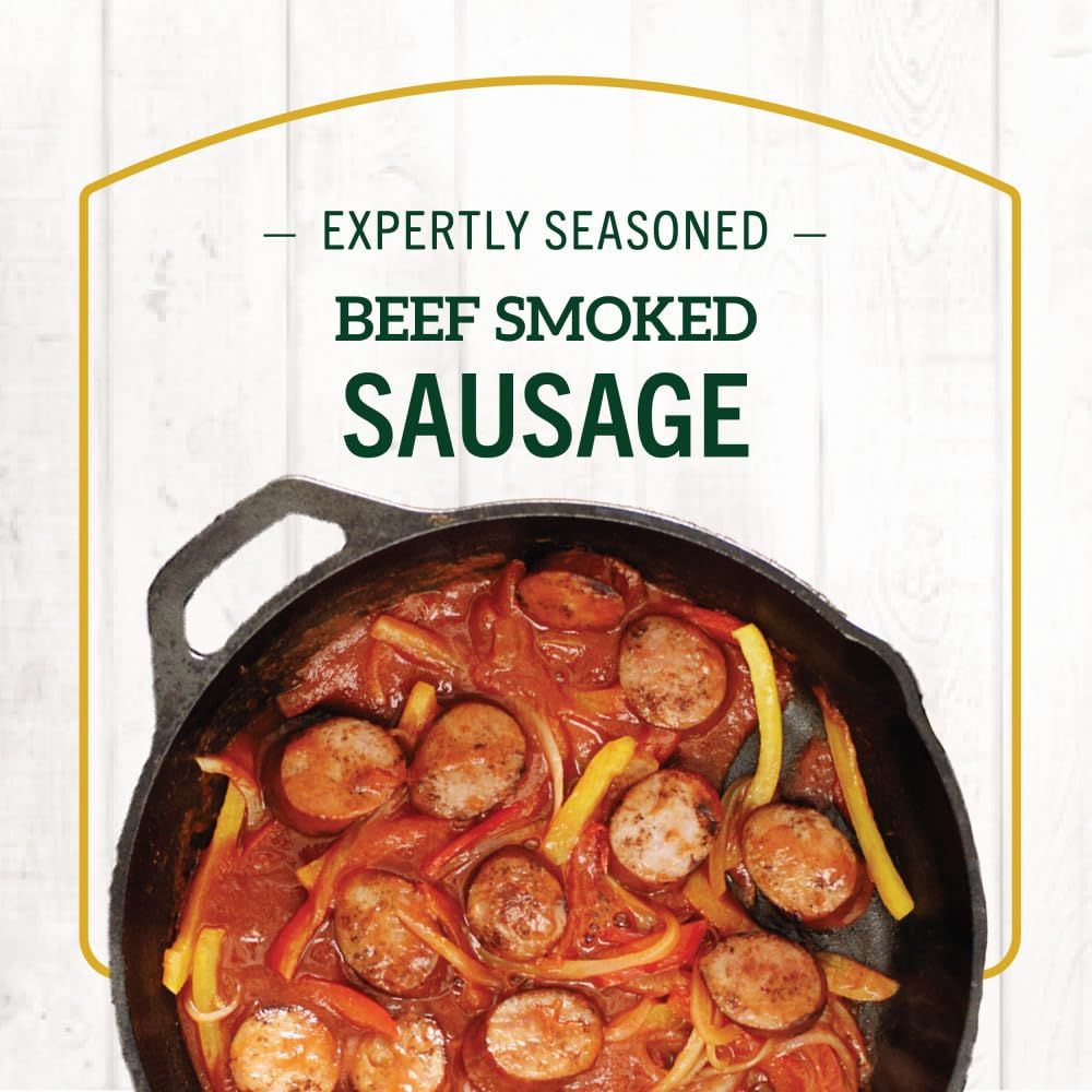 Highlights the premium seasoning and quality of the beef smoked sausage to communicate flavor and craftsmanship to the shopper.