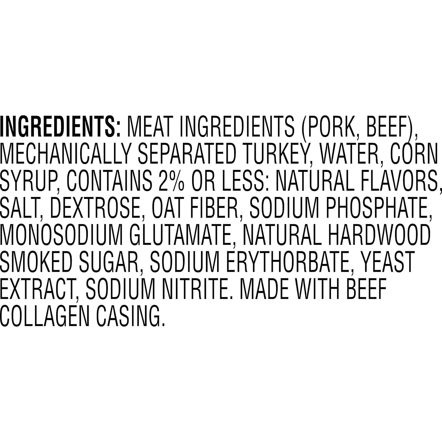 Provides transparency about what the product is made of by listing all ingredients and highlighting the beef collagen casing, reassuring shoppers about product composition and quality.