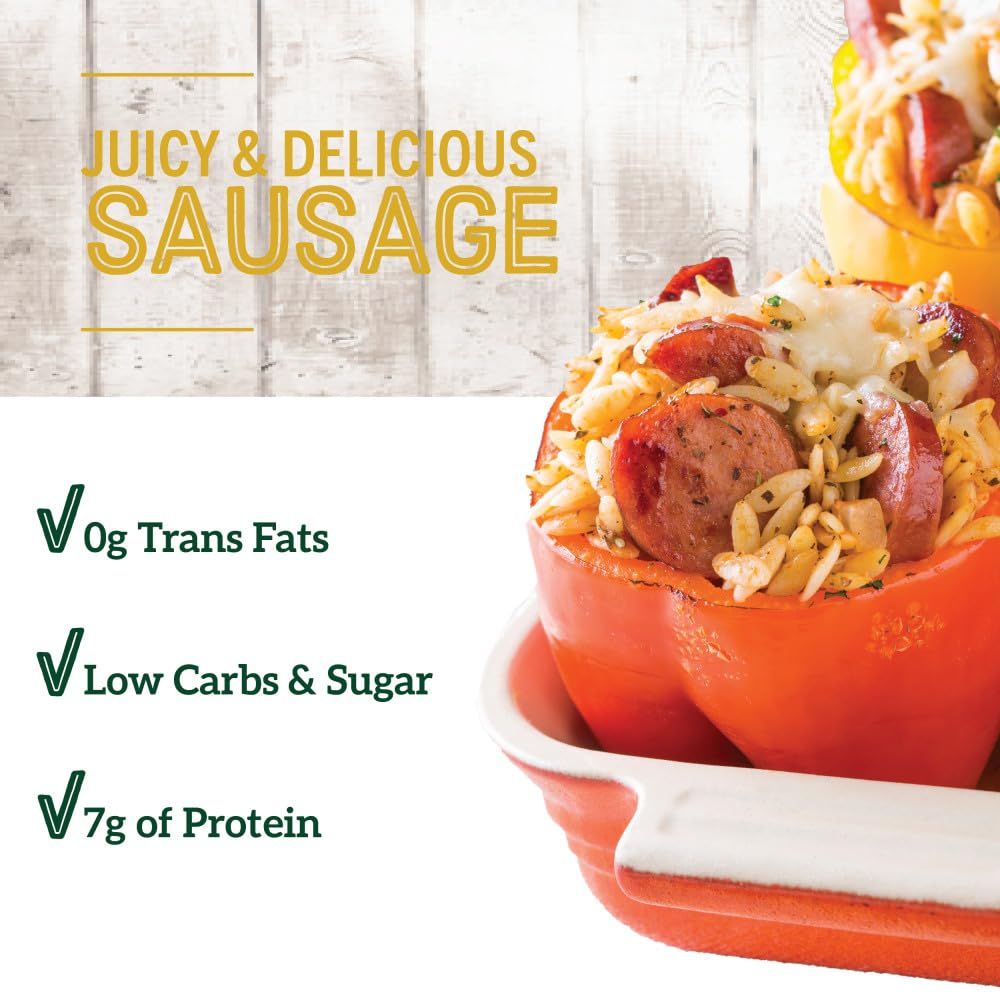 Communicates multiple nutritional benefits of the sausage product to appeal to health-conscious shoppers looking for a protein-rich, low-carb option with no trans fats.