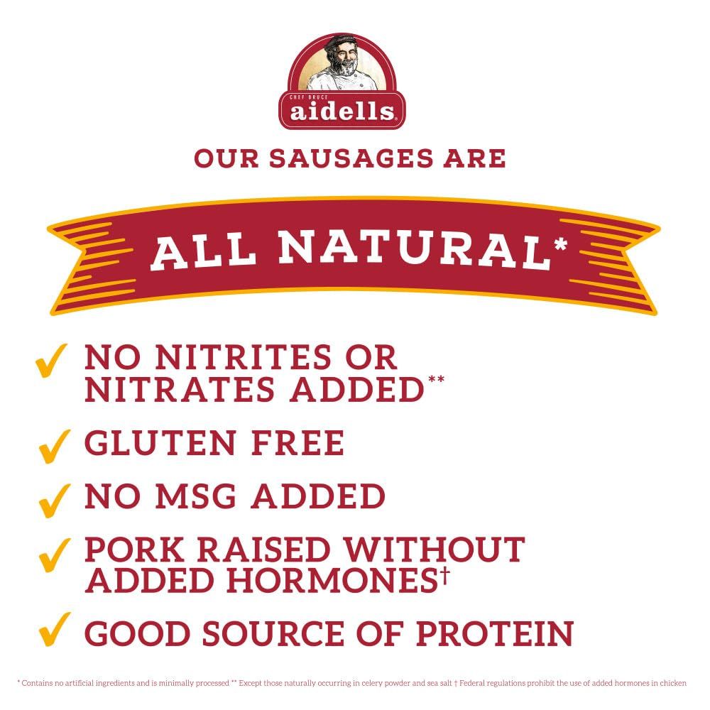 Communicates multiple health and quality benefits of the sausages to reassure shoppers about the product's natural ingredients and nutritional value.