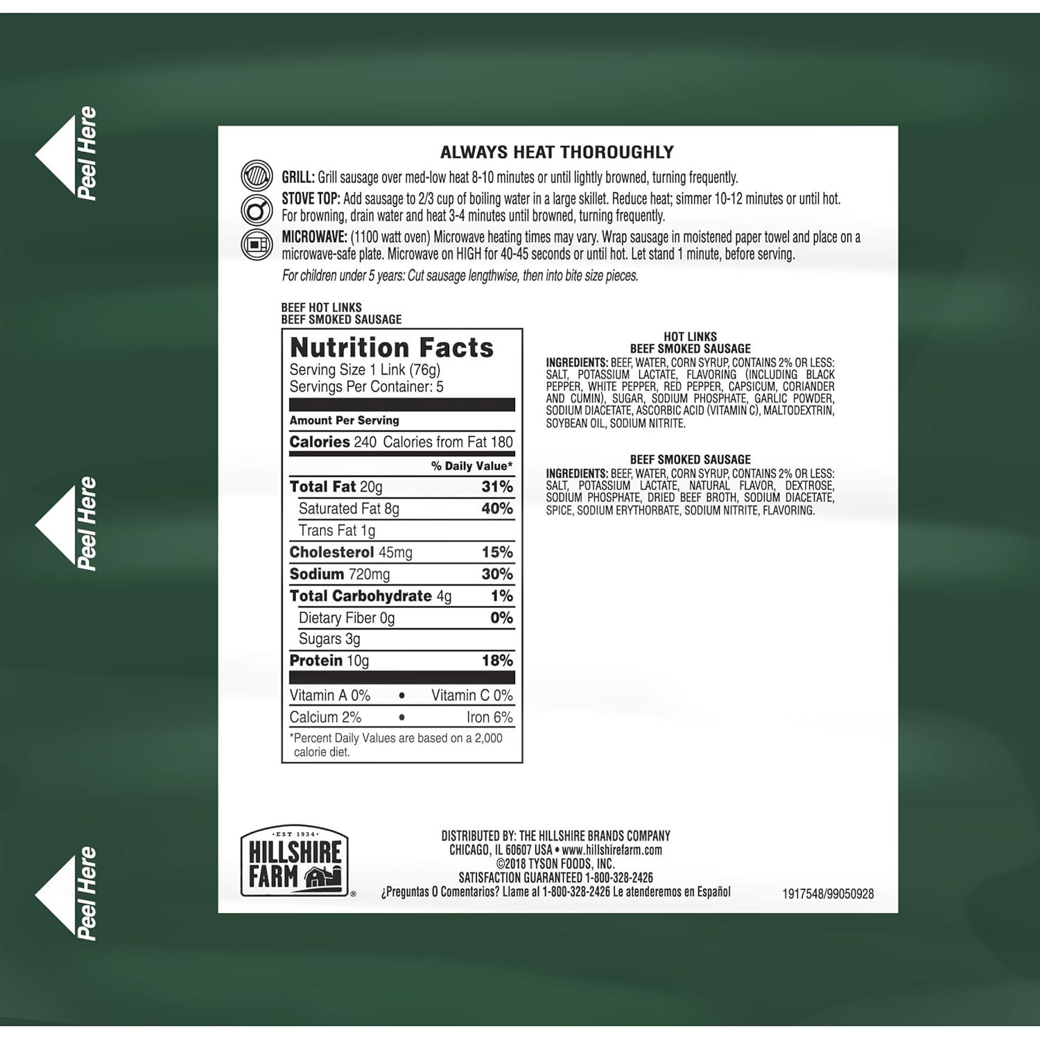 Provides detailed instructions on how to properly heat and prepare the sausage using three different cooking methods (grill, stove top, microwave) to ensure safe consumption and optimal results.
