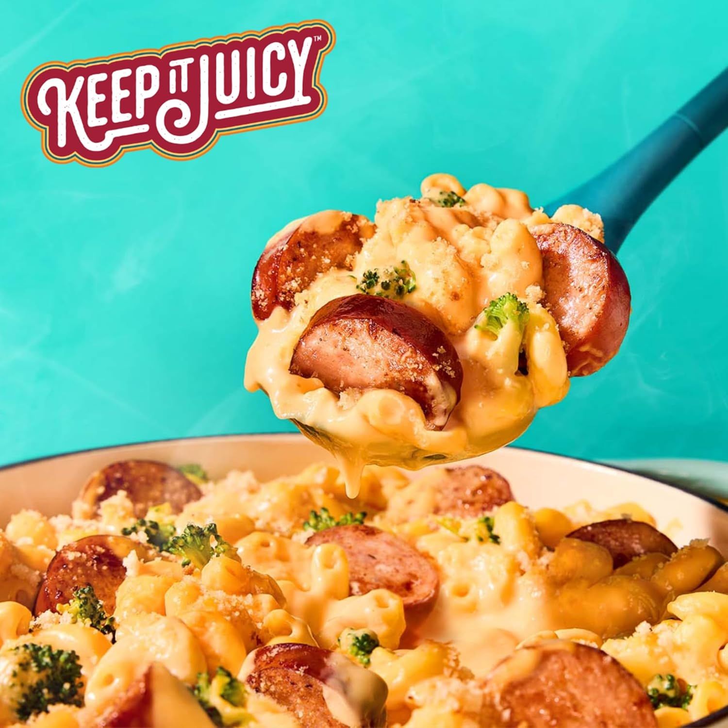 Reinforces brand identity and creates a memorable visual association with the product's tagline 'Keep It Juicy' to build brand recognition and emotional connection.