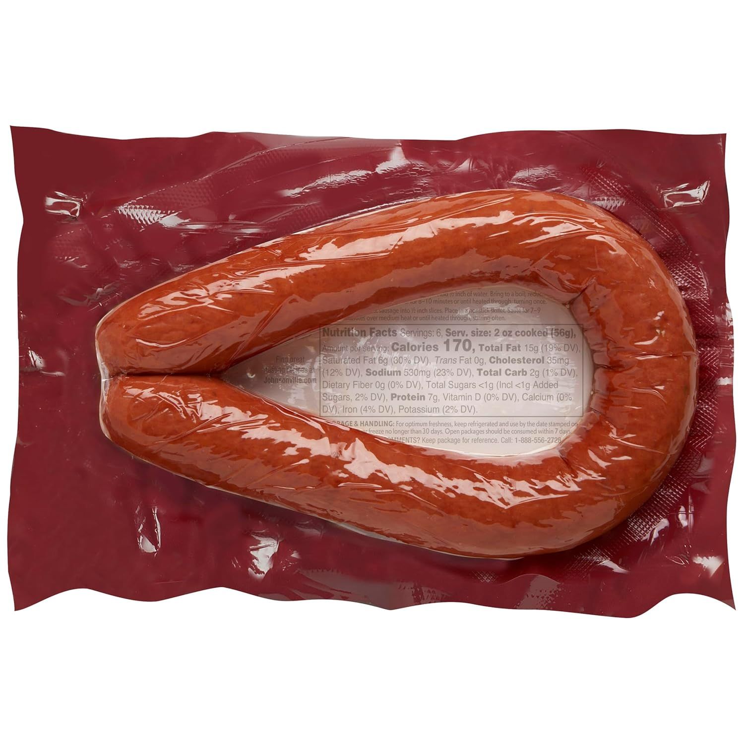 Provides a clean, catalog-style view of the packaged product showing the sausage in its retail packaging with visible nutrition facts label.