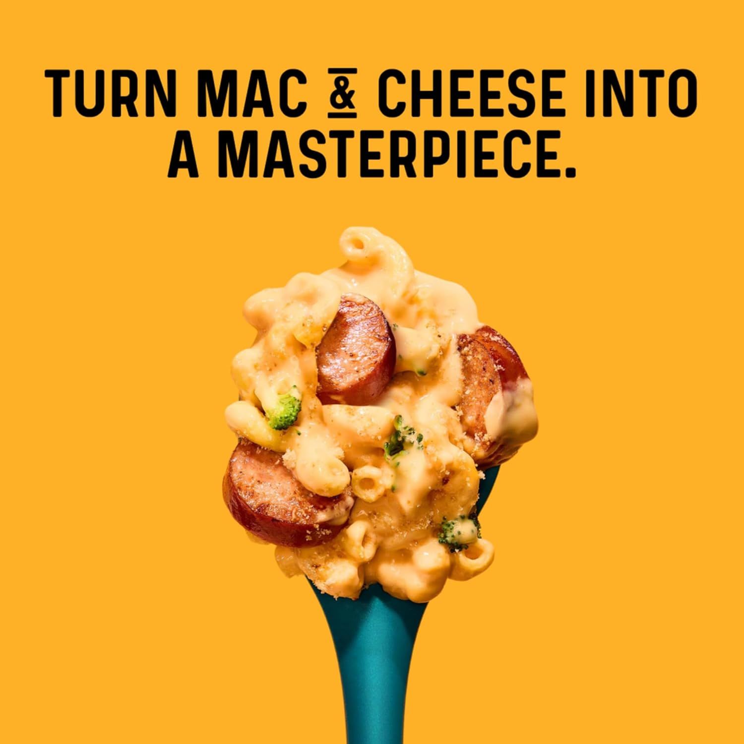 Communicates that the product can elevate a simple mac and cheese dish into a gourmet meal by adding premium ingredients like sausage and broccoli.