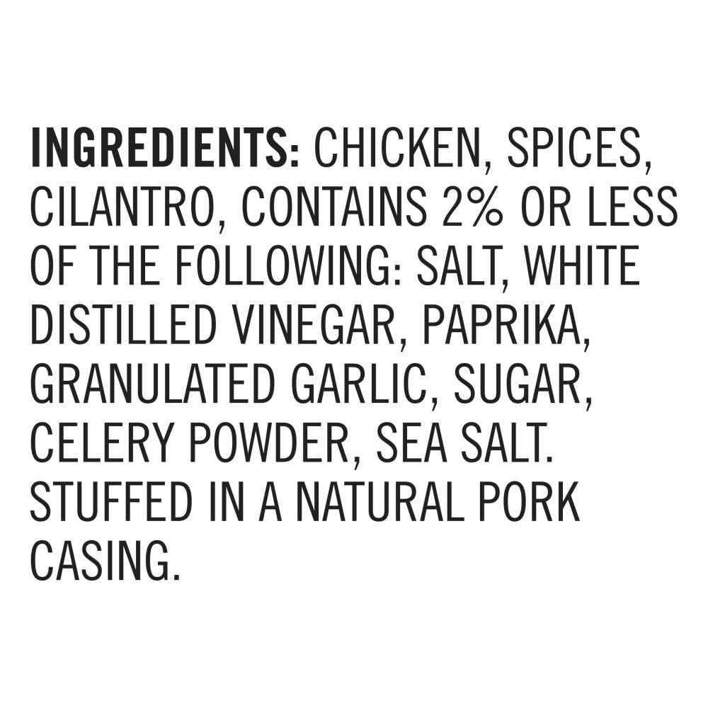 Communicates the product's ingredient list and natural pork casing to reassure shoppers about what's inside and build trust through transparency.