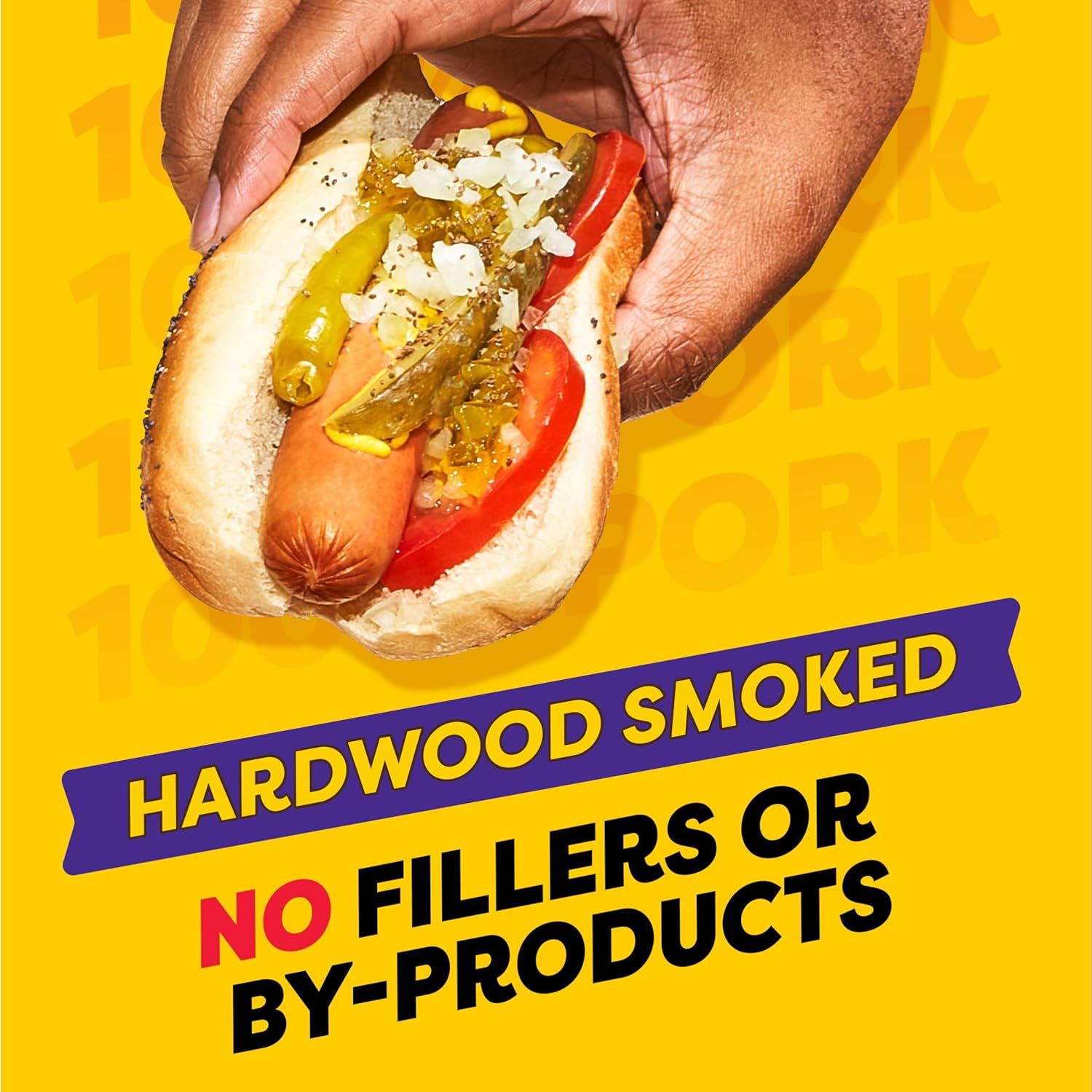 Reassures shoppers that the hot dogs are made with quality ingredients—hardwood smoked with no fillers or by-products—emphasizing a cleaner, more natural product.
