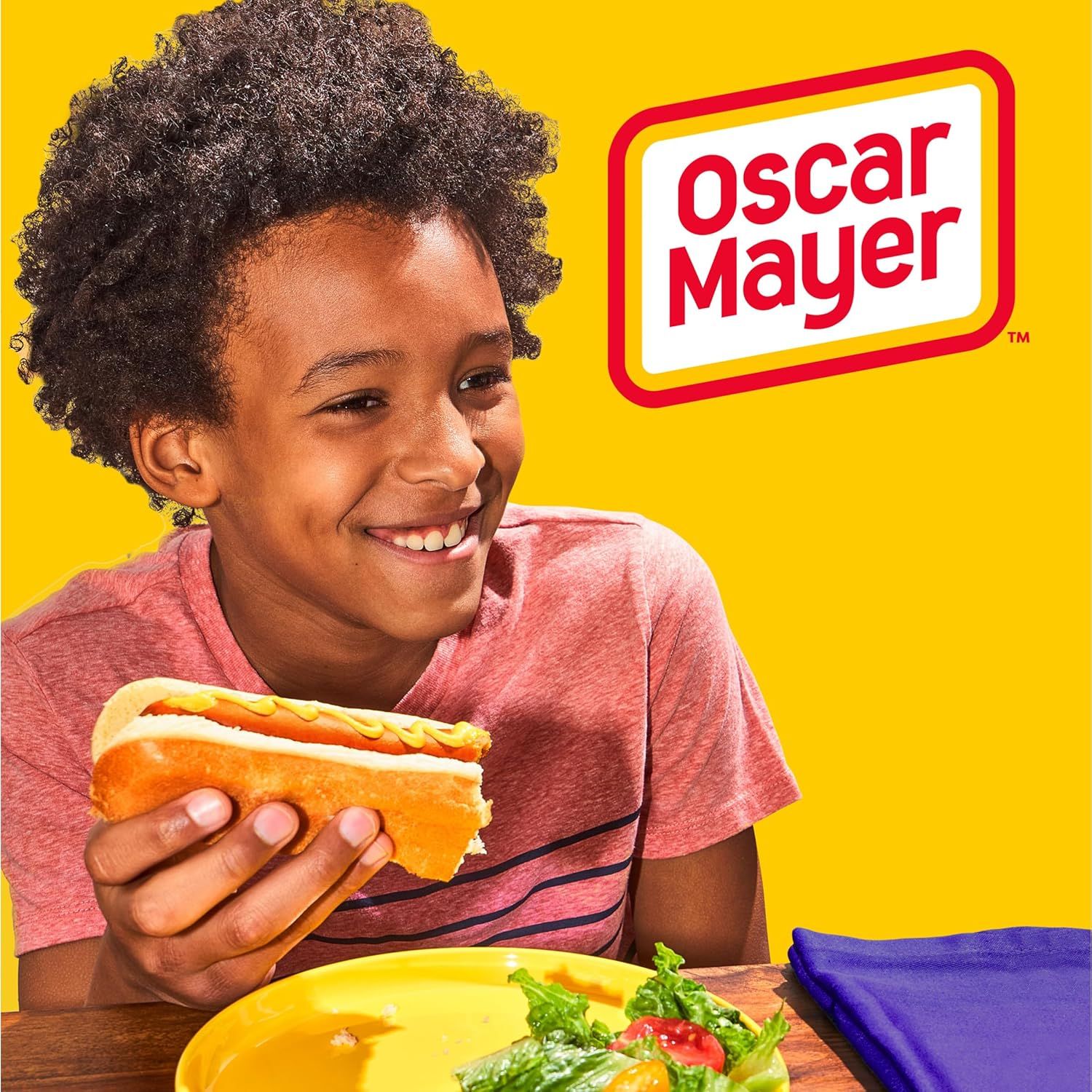 This image establishes brand recognition and emotional connection by prominently featuring the Oscar Mayer logo alongside a lifestyle scene of a child enjoying their product.