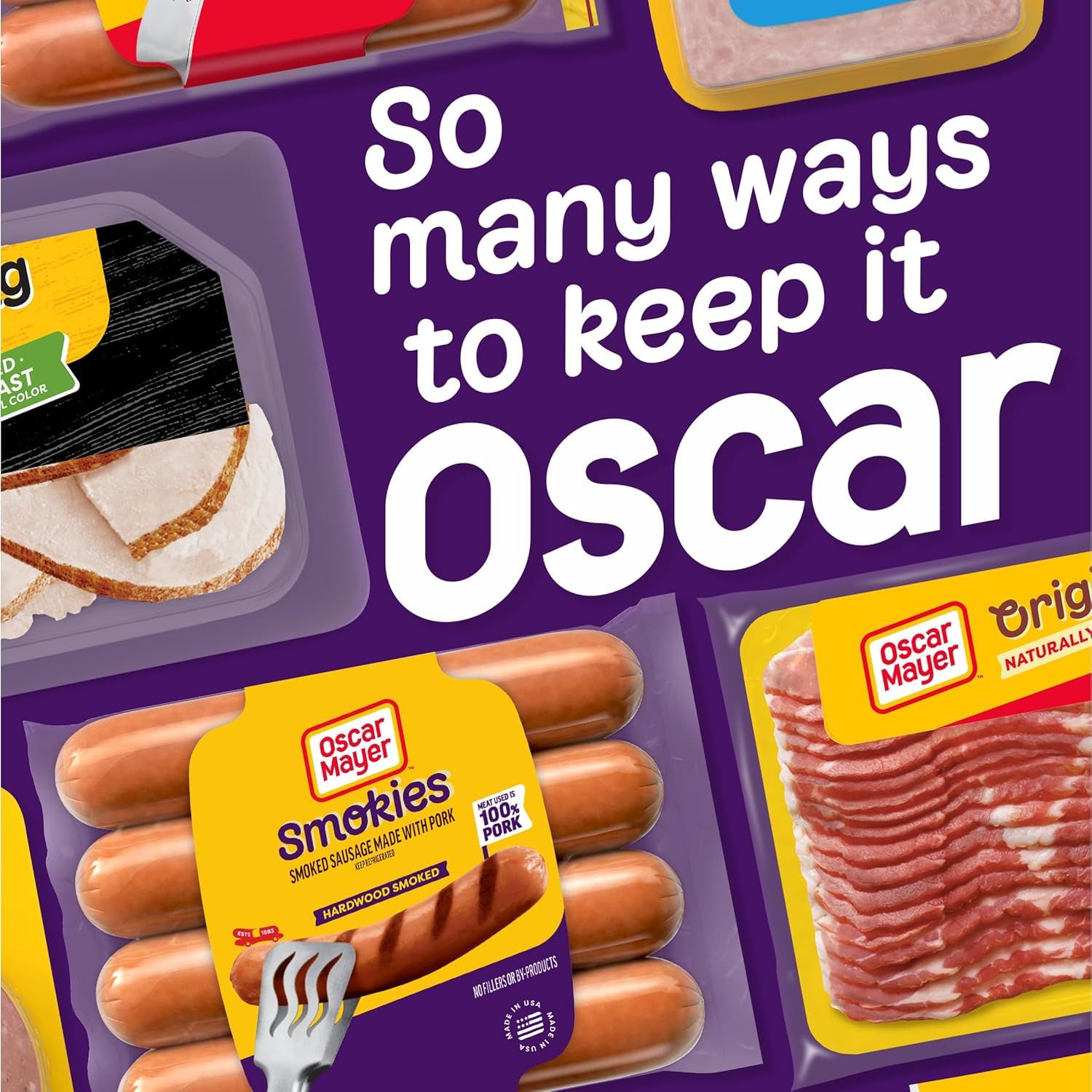 Showcases the variety of Oscar Mayer product options available to help shoppers understand the brand's diverse product lineup and choose what fits their needs.