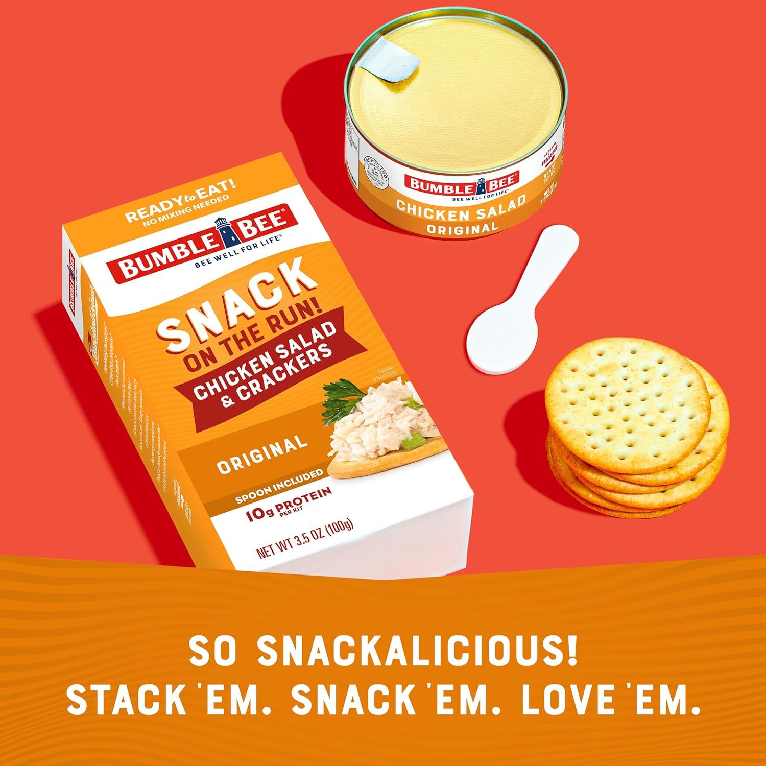 Shows everything included in the snack kit—chicken salad, crackers, and spoon—to help shoppers understand the complete ready-to-eat package they're purchasing. Emphasizes the convenience and fun of…