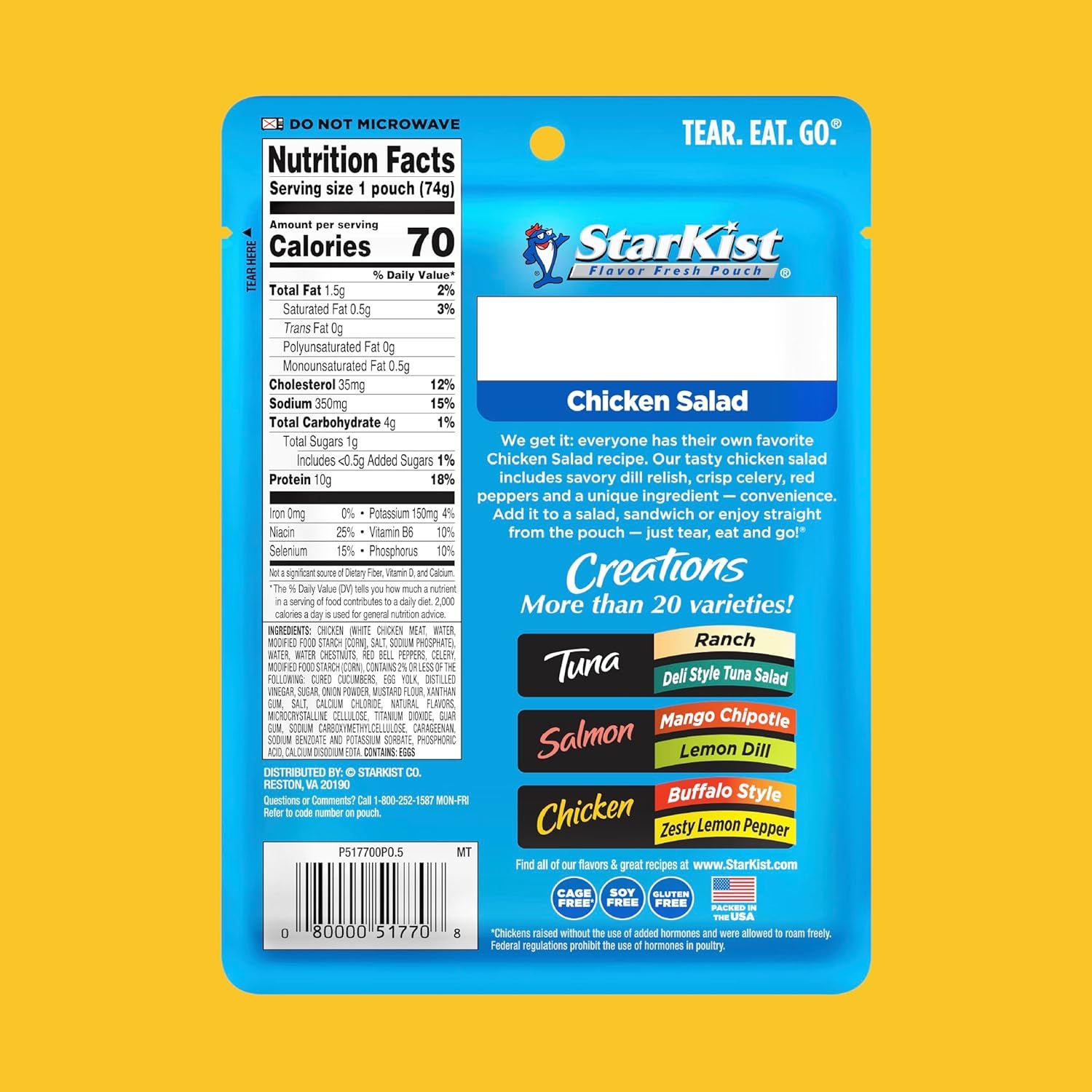 Showcases the StarKist Creations product line with more than 20 varieties available, helping shoppers understand the brand's range of flavor options including Tuna, Salmon, Chicken, Ranch, Lemon…