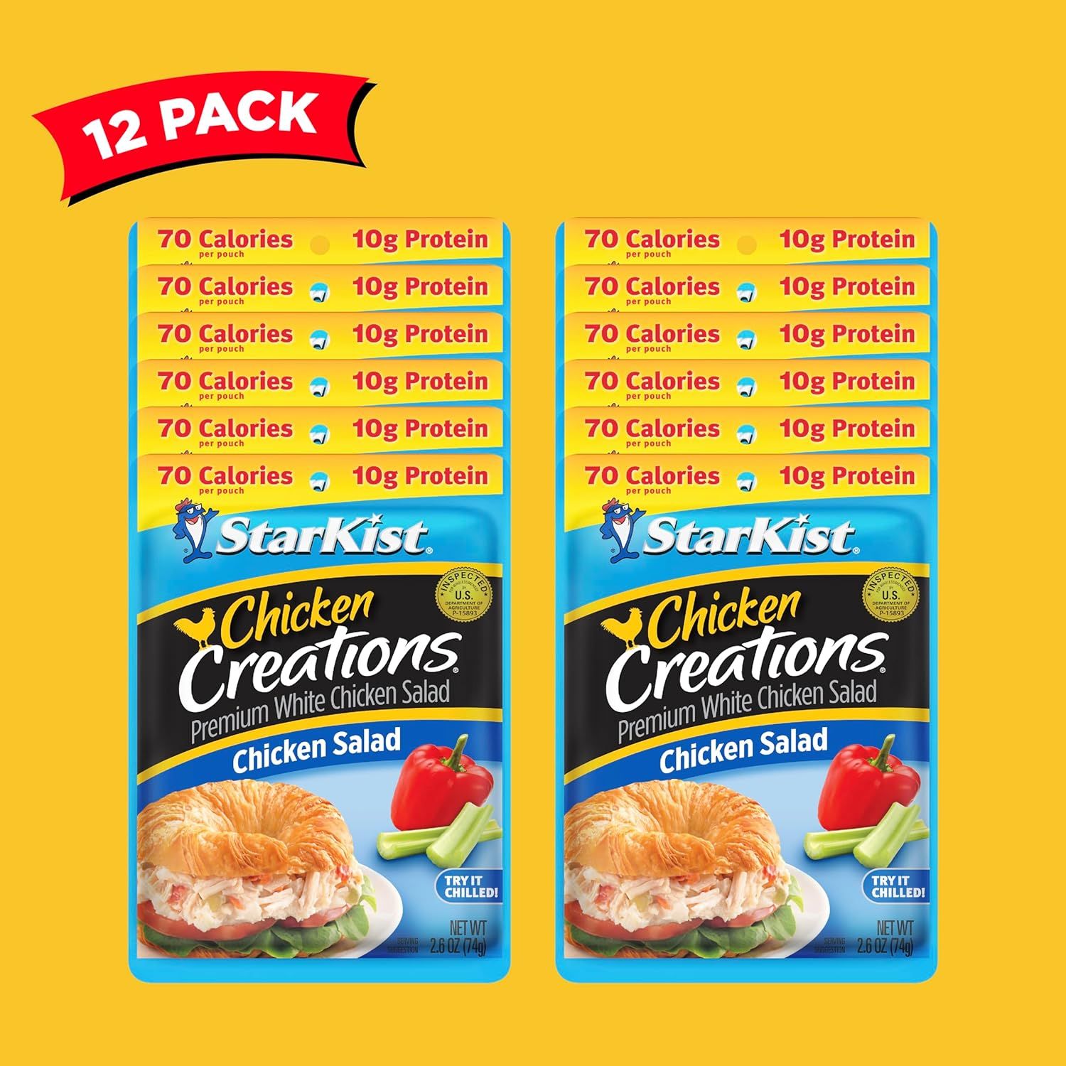 Shows the customer they are receiving a 12-pack bundle of chicken salad pouches, clearly communicating the quantity and value of the purchase.