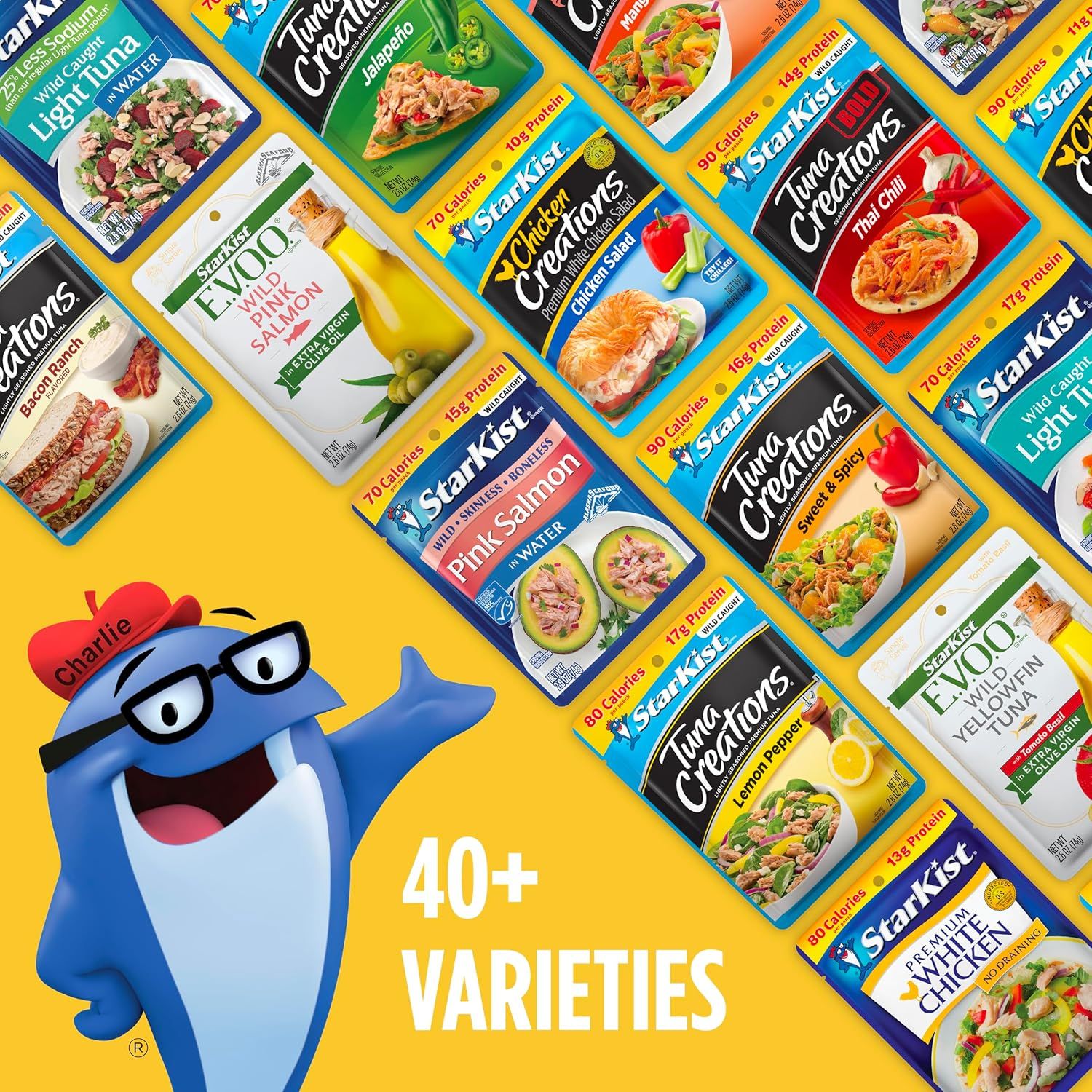 Showcases the brand's extensive product portfolio with multiple flavors and varieties to help shoppers understand the breadth of options available and reinforce brand recognition through the mascot…