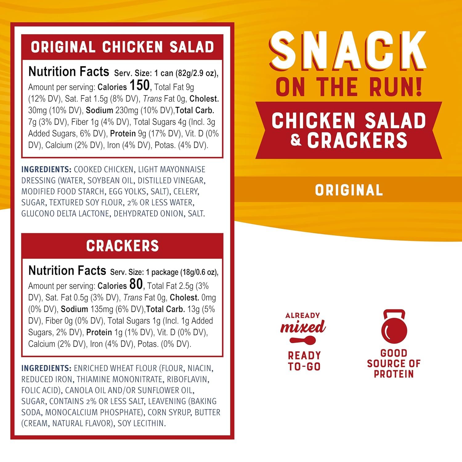 Communicates multiple convenience and nutritional benefits of the chicken salad and crackers snack pack, emphasizing portability, ease of use, and protein content to appeal to busy shoppers looking…