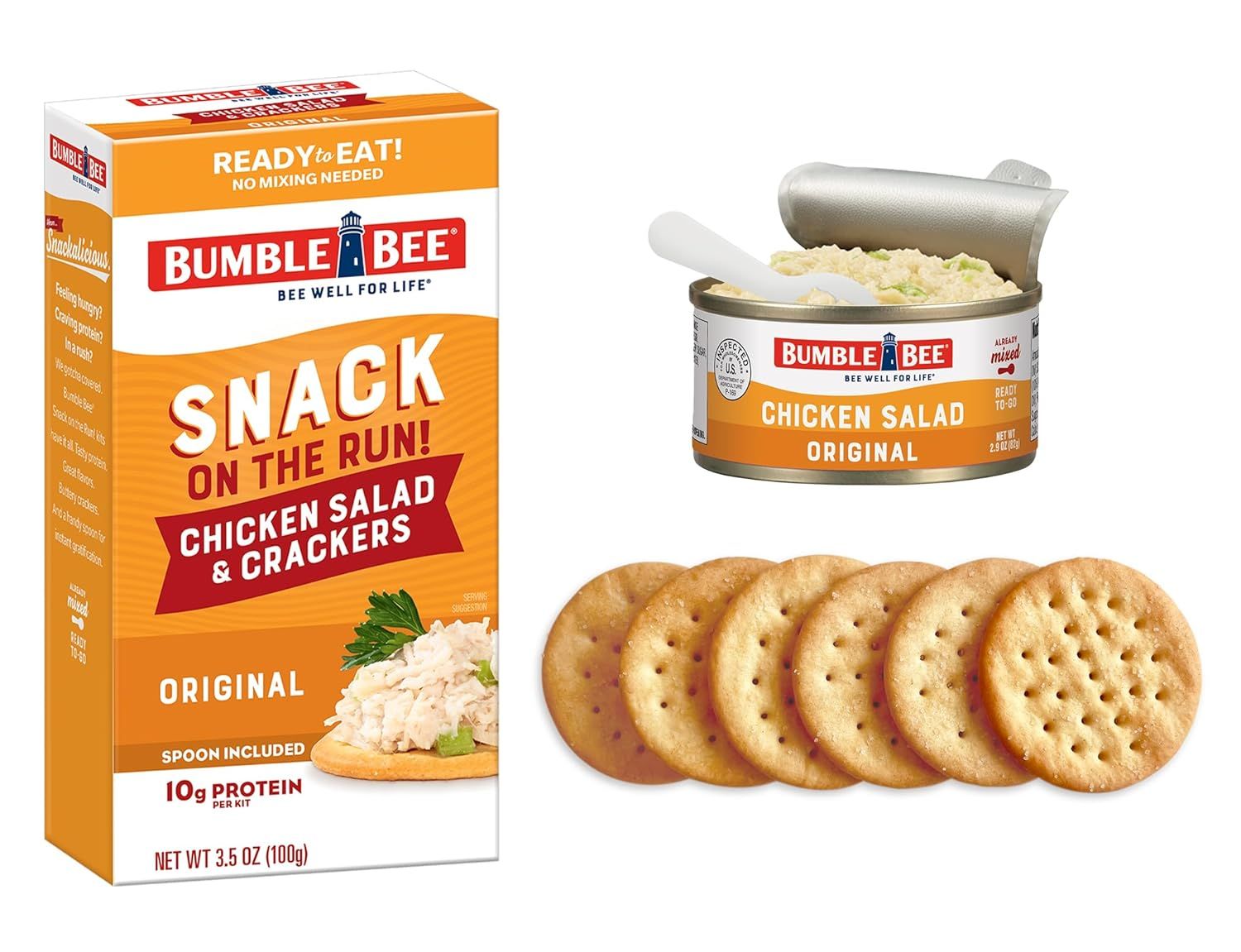 Shows the complete contents of the snack kit—the box, chicken salad can with spoon, and crackers—to help shoppers understand exactly what they receive when purchasing this ready-to-eat meal.