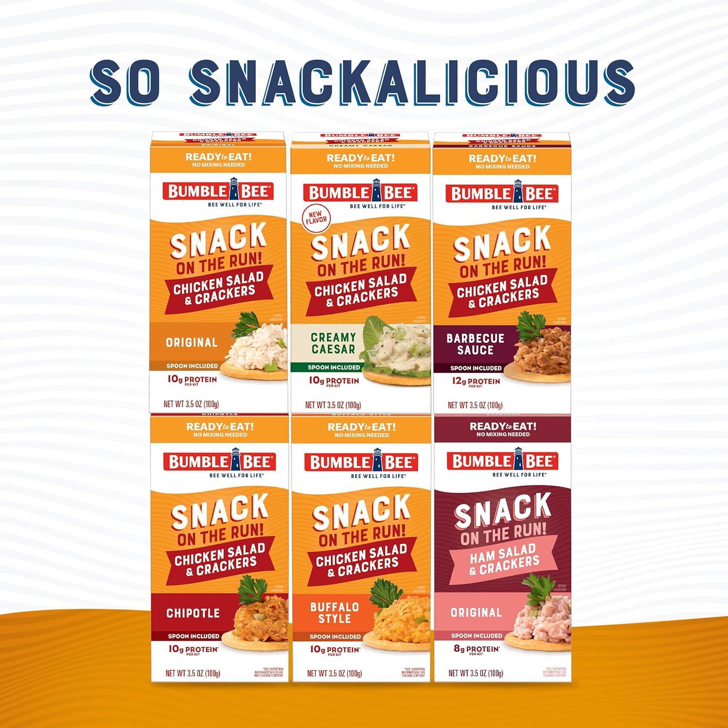 Displays the brand's full product lineup of ready-to-eat snack packs in multiple flavors, helping shoppers understand the variety of options available and choose their preferred flavor.