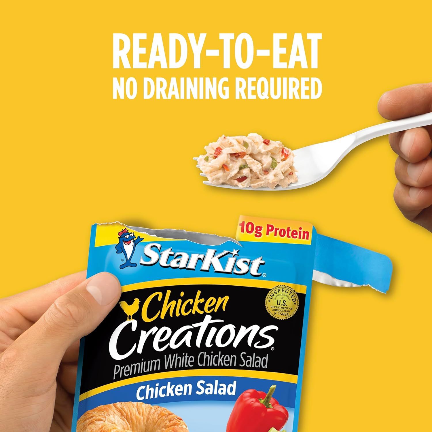 Communicates the convenience benefit of the product being ready to eat straight from the package without any preparation or draining, appealing to shoppers seeking quick meal solutions.