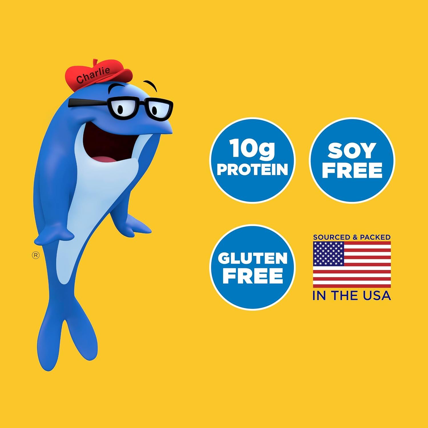 Communicates multiple key product benefits including high protein content, dietary restriction compliance (soy-free, gluten-free), and USA origin to appeal to health-conscious shoppers and those…