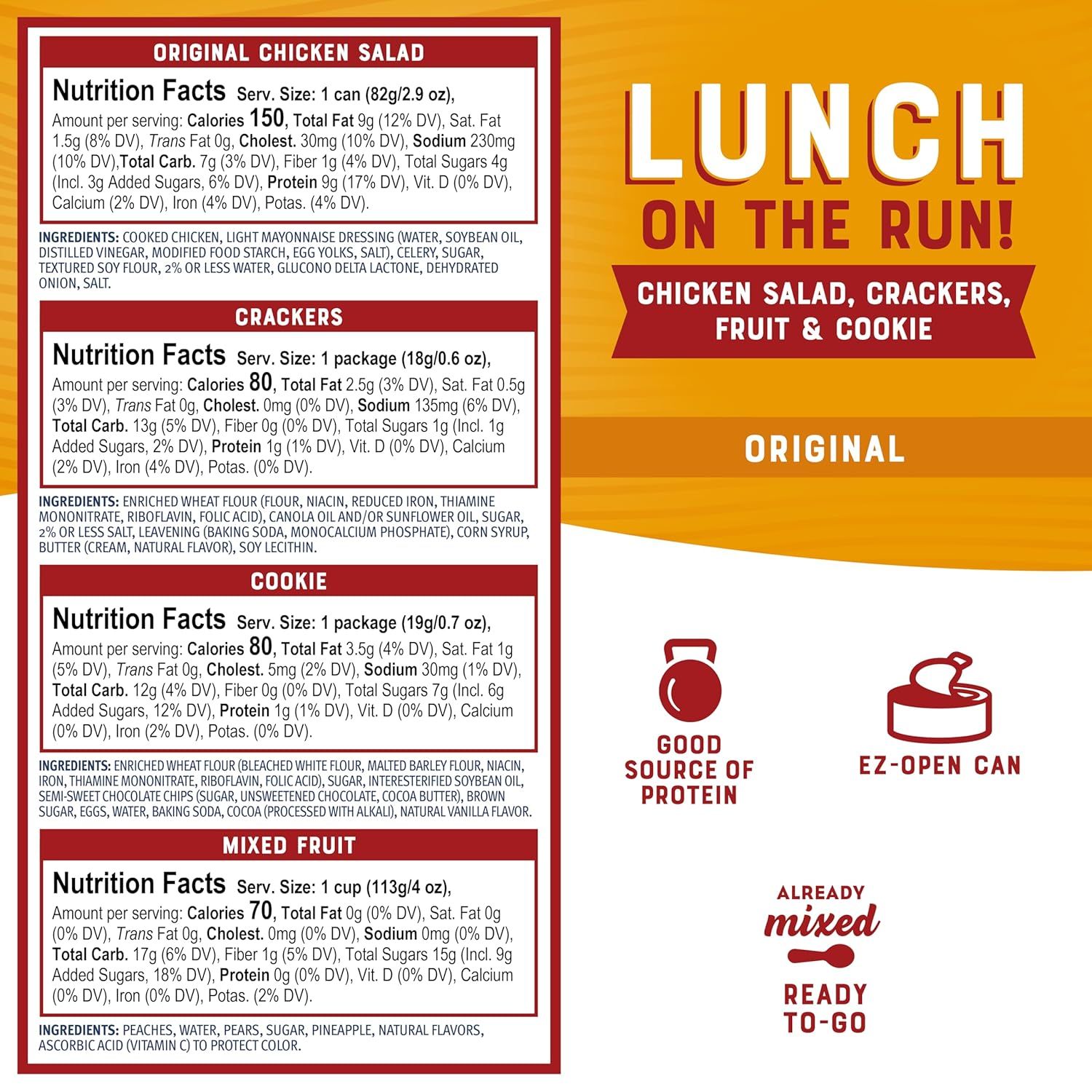 Shows the complete contents of the lunch kit to help shoppers understand exactly what they receive in the package. Highlights multiple convenience and nutritional benefits of the product including…