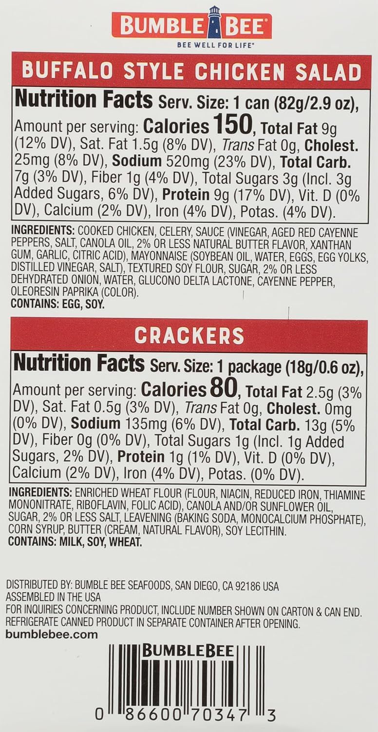 This image shows the detailed nutrition facts and ingredients for both the Buffalo Style Chicken Salad and Crackers components of the kit, helping shoppers understand exactly what they're getting…