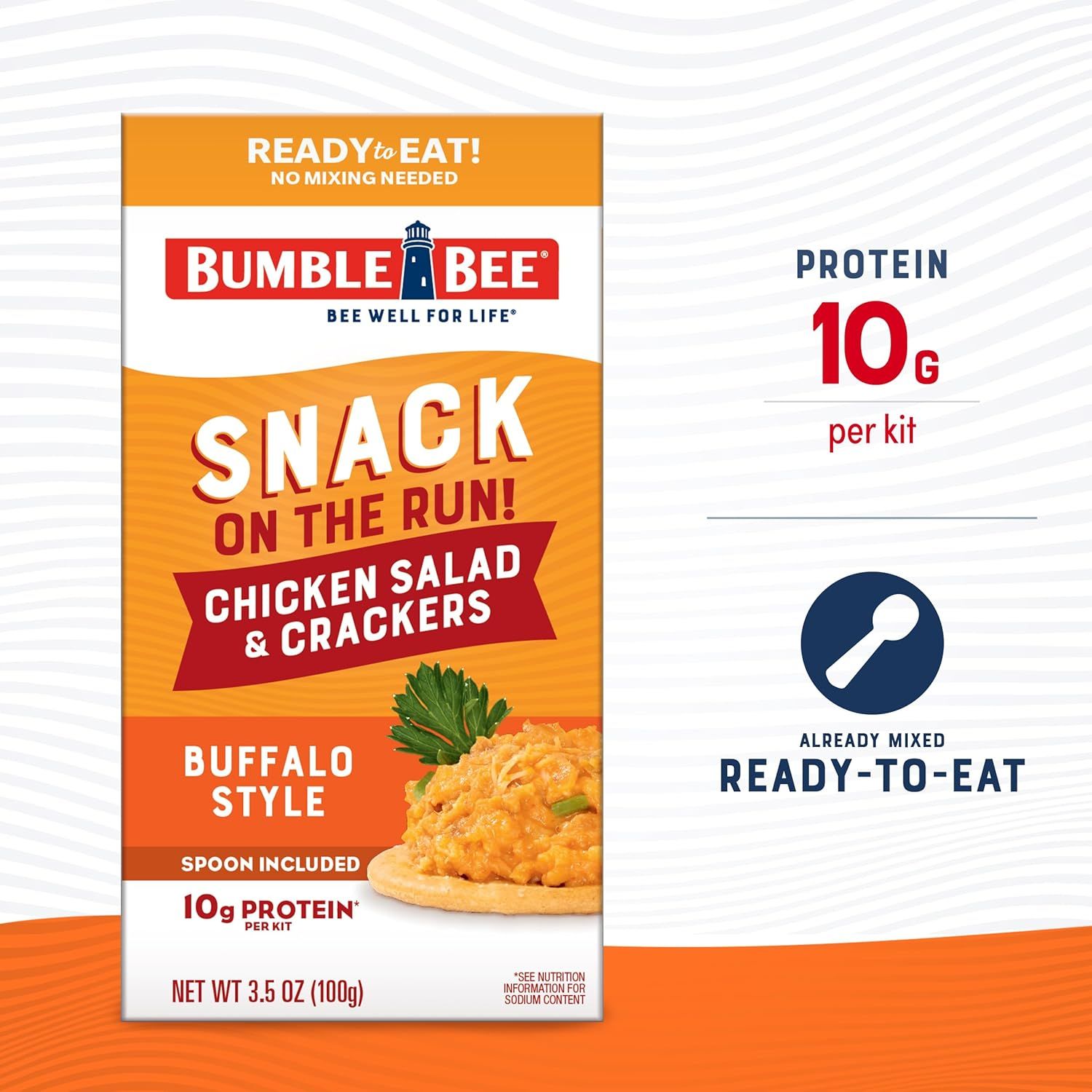 Highlights the high protein content (10g per kit) to communicate the product's nutritional value and appeal to health-conscious shoppers looking for protein-rich snacks. Emphasizes the convenience…