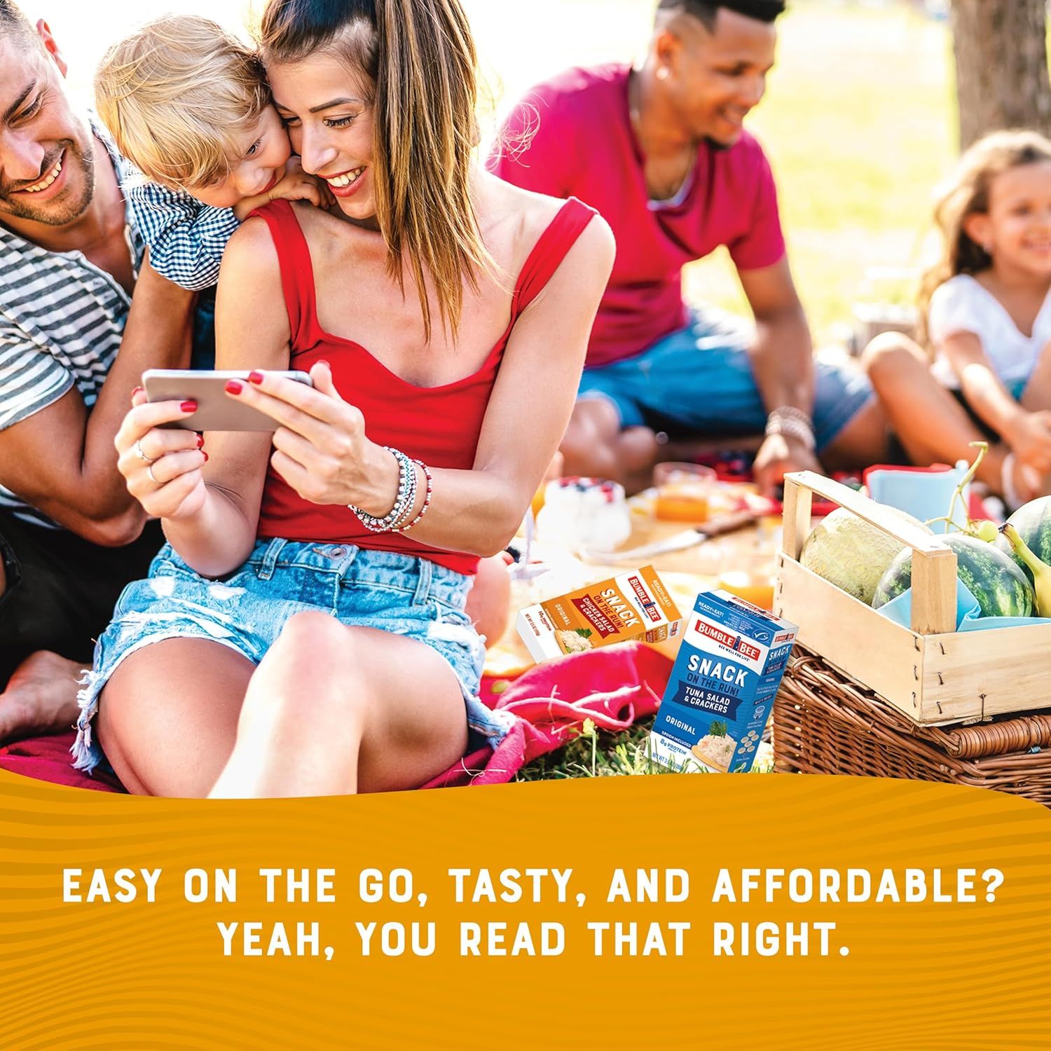 Communicates three key benefits of the product—convenience for on-the-go use, great taste, and affordability—to appeal to busy families and outdoor lifestyles.