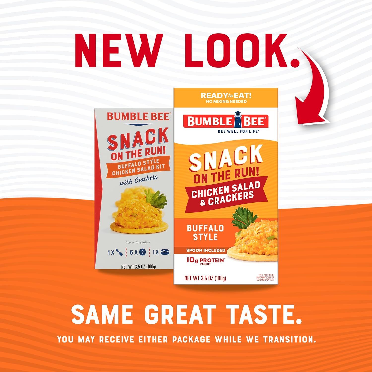 Communicates to shoppers that the product has a new look/packaging design while reassuring them that the product quality and taste remain the same during the transition period.