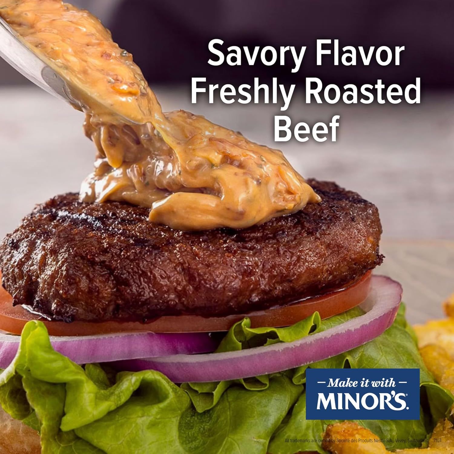 Demonstrates how the product (Minor's sauce/seasoning) can be used to create a savory roasted beef burger, inspiring shoppers with a specific recipe application.