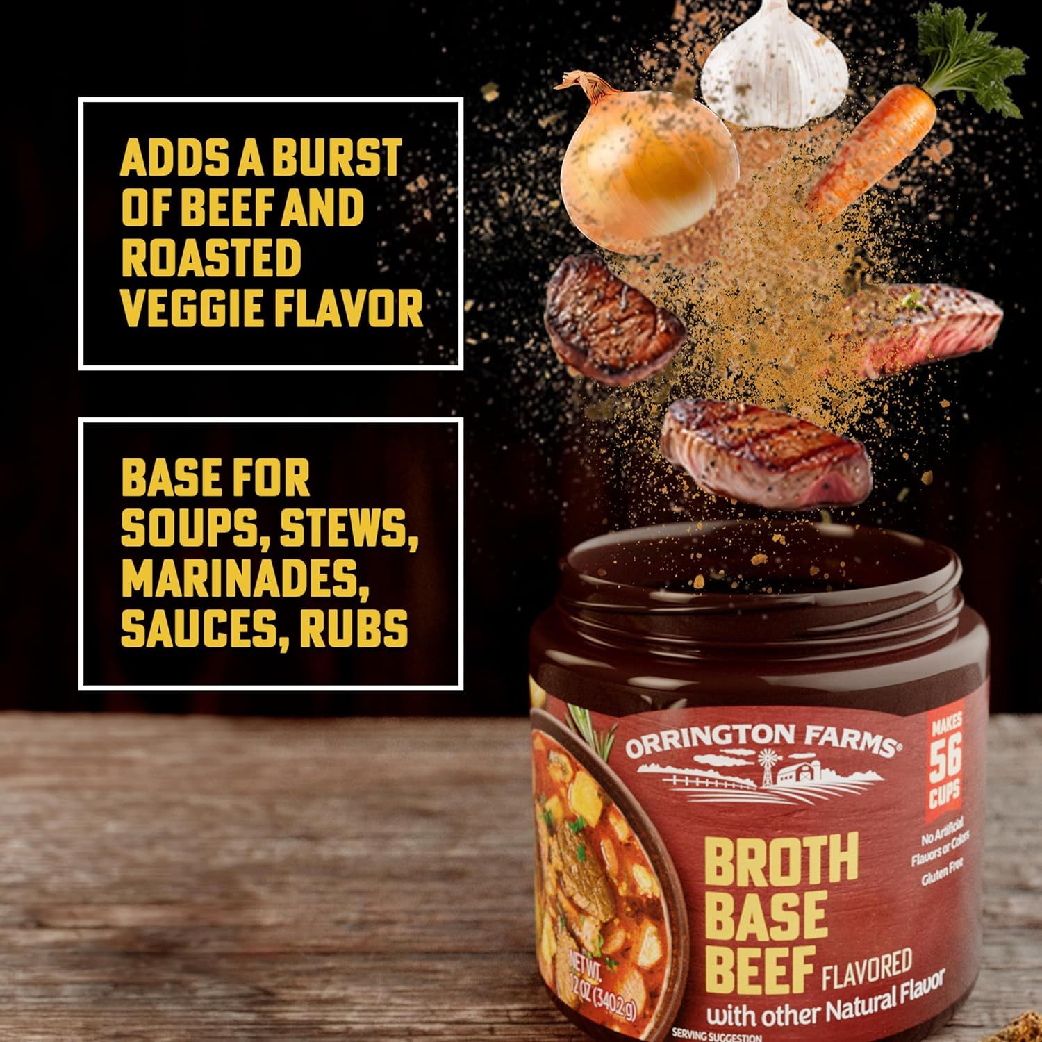 Demonstrates the product's versatility by showing multiple culinary applications (soups, stews, marinades, sauces, rubs) and highlighting its beef and roasted veggie flavor profile to help shoppers…