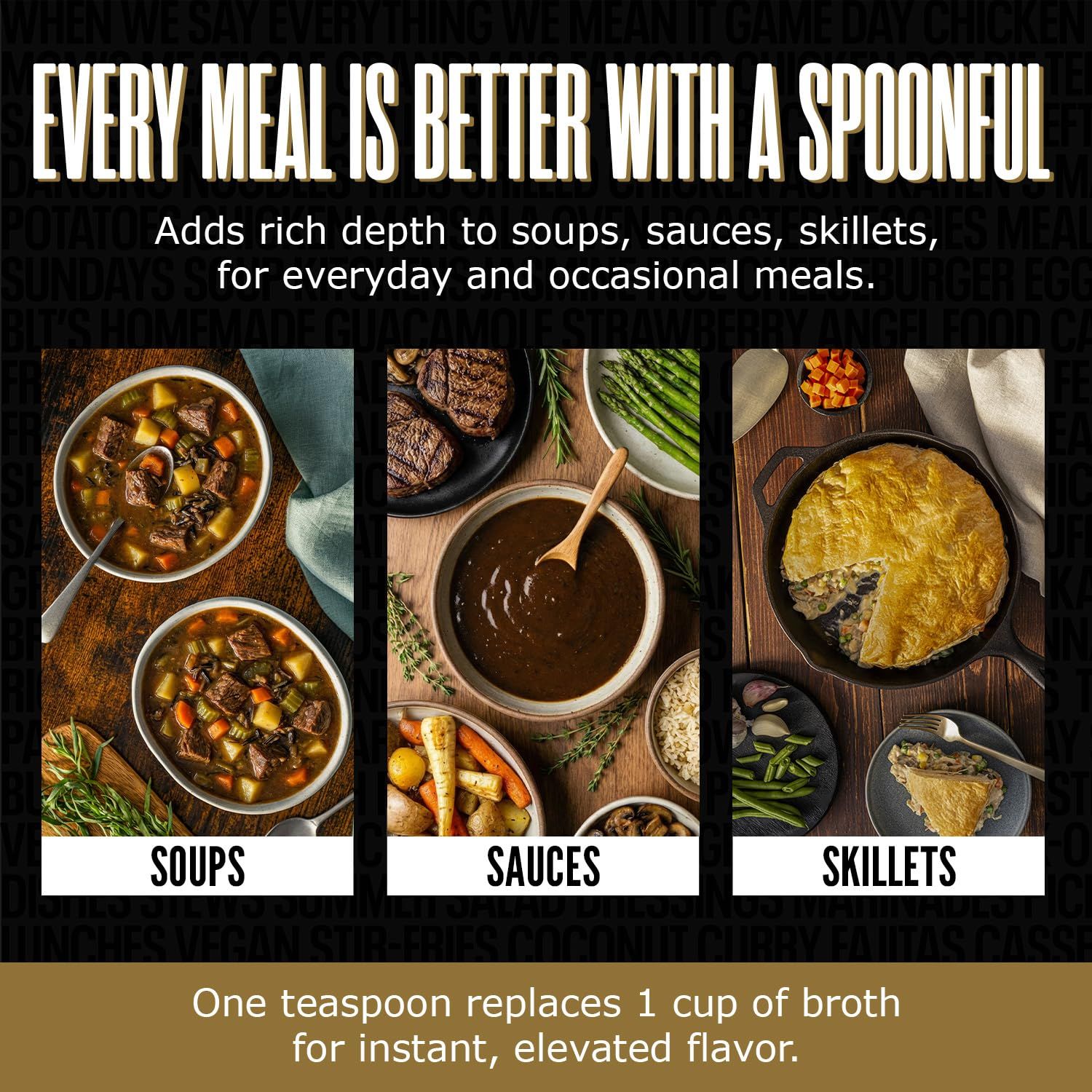 Demonstrates the versatility of the spoonful product by showing three distinct cooking applications (soups, sauces, and skillets) to communicate that it enhances multiple types of meals. Highlights…